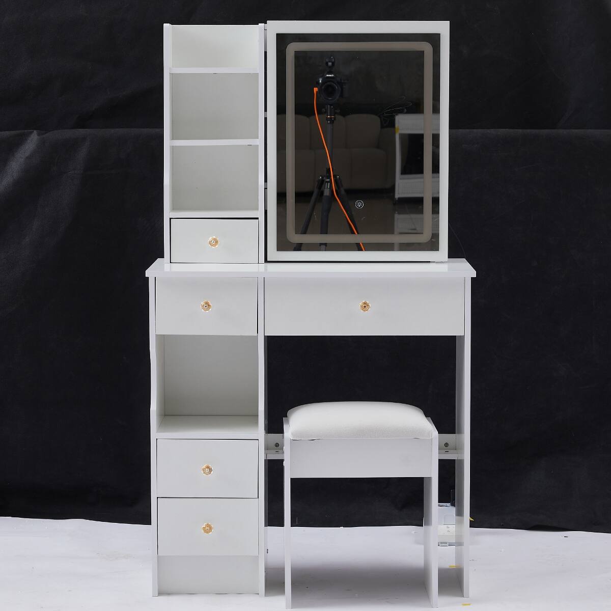 Alt View 3. Loheer - Loheer 29.2 inch small vanity table with cushioned stool, touch control LED mirror and sliding drawer - White.