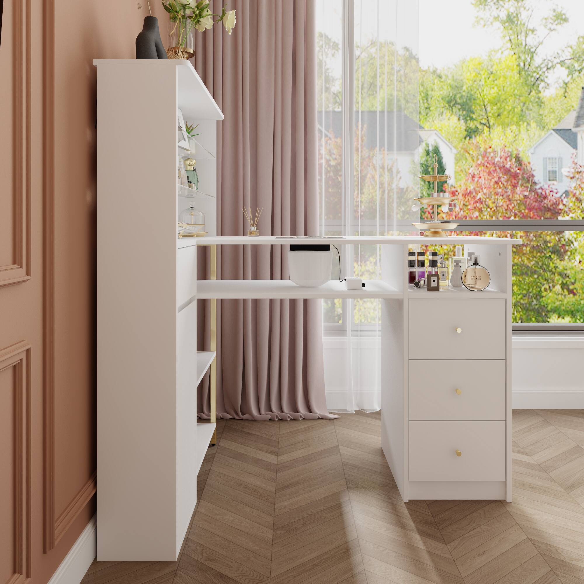 Left. Famapy - Luxury Nail Desk and Makeup Vanity with Storage Drawers Dust Collector Ergonomic Beauty Workstation Table - White.