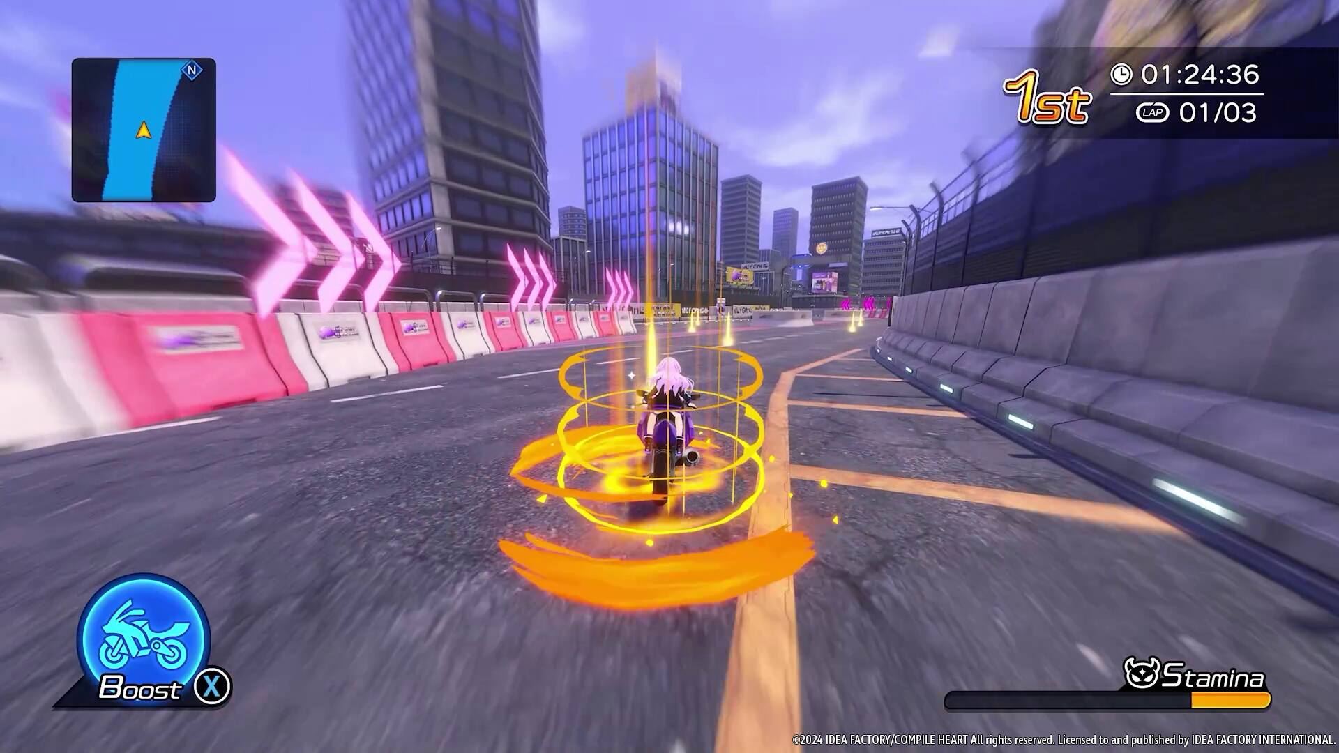 N 01:24:36 1st LAP 01/03 S Boost X Stamina 2024 IDEA FACTORY COMPILE HEART All rights reserved. Licensed to and published by IDEA FACTORY INTERNATIONAL.