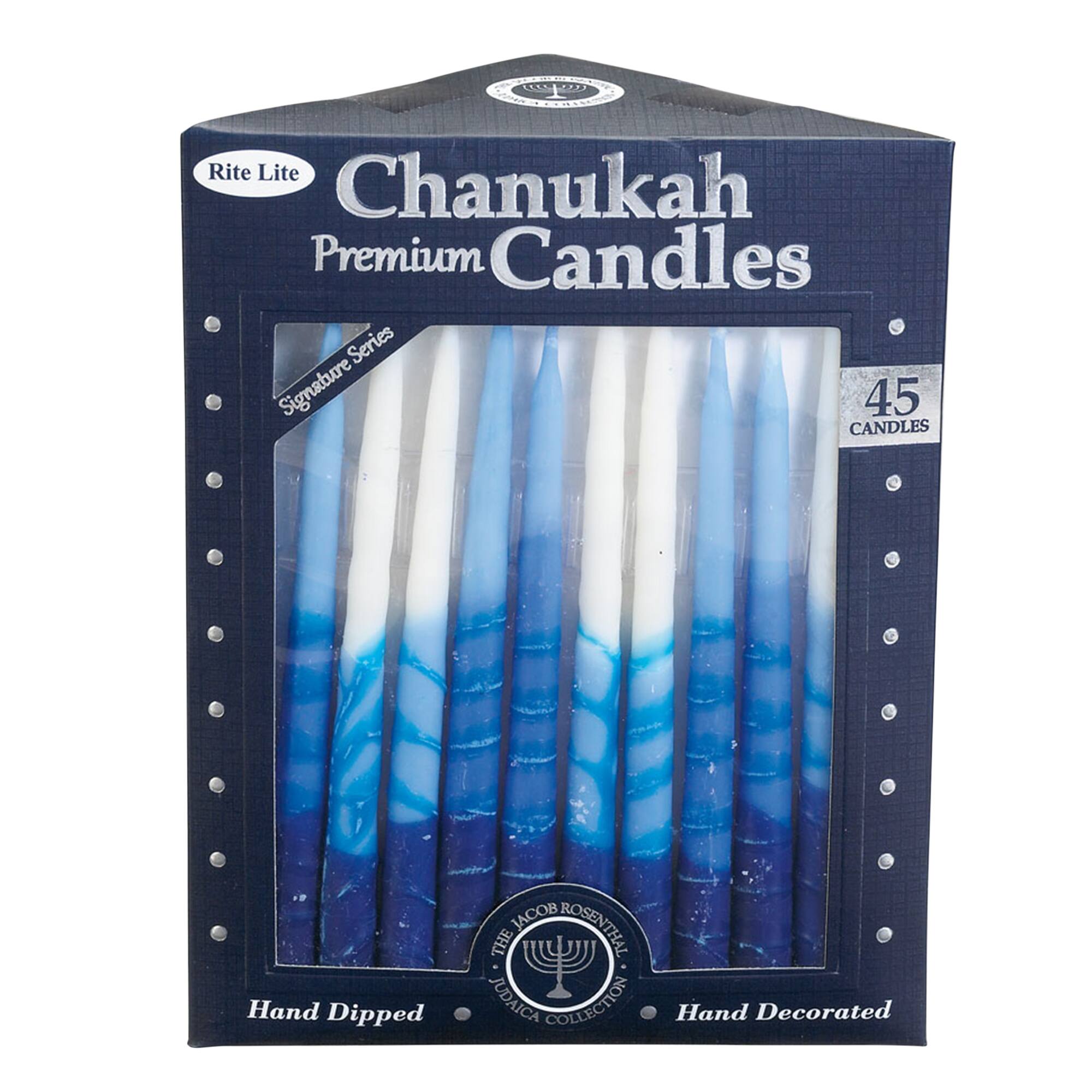 Rite Lite Chanukah Premium Candles  
Signature Series  
45 Candles  
Hand Dipped  
Hand Decorated  
Jacob Rosenthal The Judaica Collection