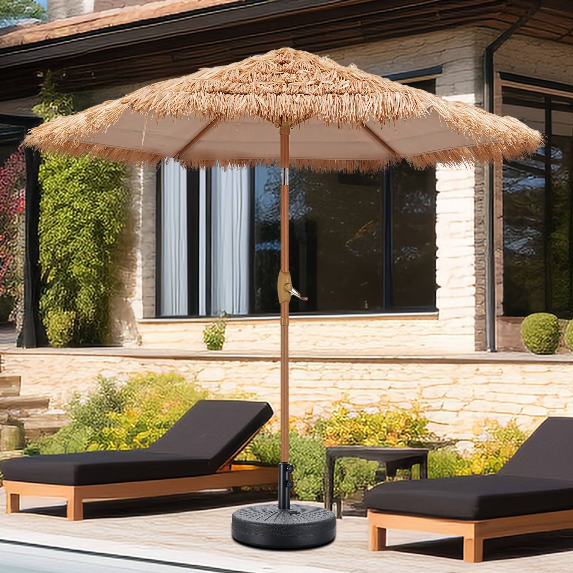 Alt View 1. Ainfox - Ainfox 7.5FT Thatched Tiki Patio Umbrella, Boho Fringe Hawaiian Outdoor Bar Umbrella with Optional Light and Tilt - Nature-Without Light.