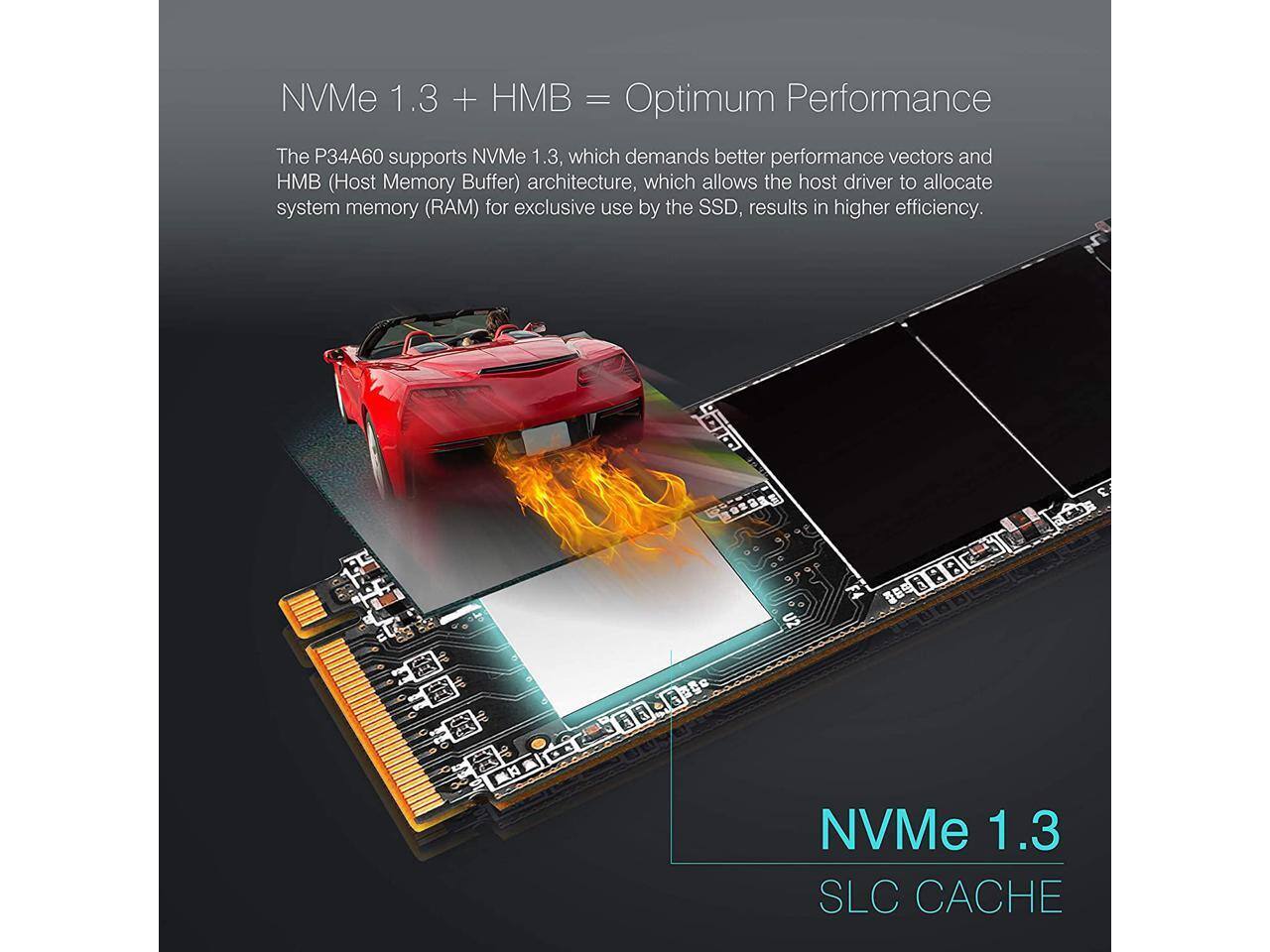 NVMe 1.3 + HMB = Optimum Performance

The P34A60 supports NVMe 1.3, which demands better performance vectors and HMB (Host Memory Buffer) architecture. This allows the host driver to allocate system memory (RAM) for exclusive use by the SSD, resulting in higher efficiency.

NVMe 1.3 SLC CACHE