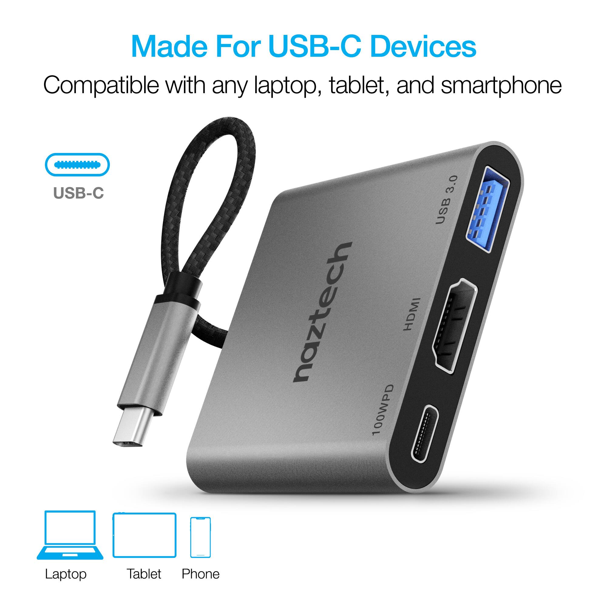 Made For USB-C Devices  
Compatible with any laptop, tablet, and smartphone  

USB-C  
USB 3.0  
HDMI  
100WPD  

Laptop  
Tablet  
Phone
