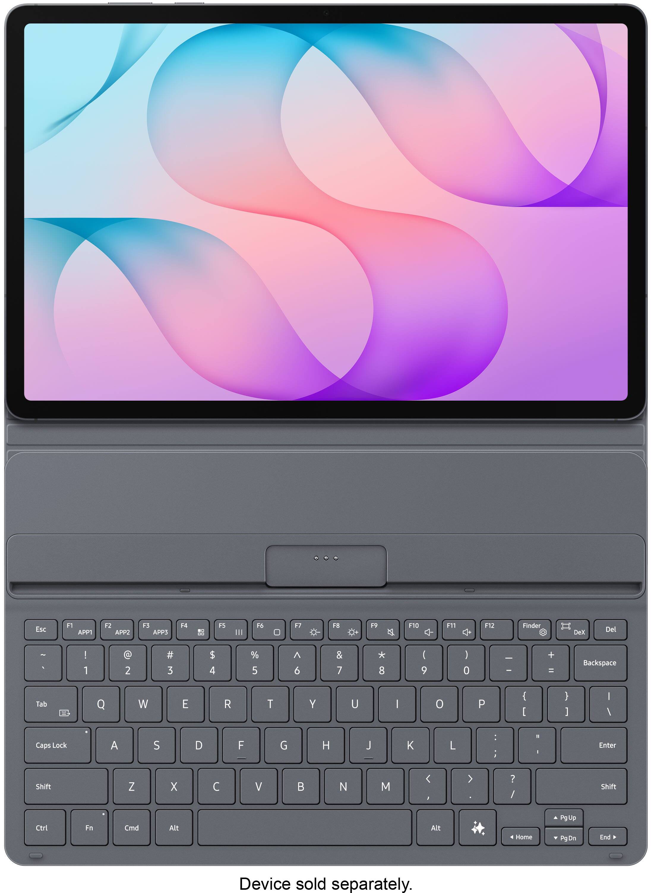 Esc
F1 APP1
F2 APP2
F3 APP3
F4
F5
F6
F7
F8
F9
F10
F11
F12
Finder
DeX
Del
Tab
Q
W
E
R
T
Y
U
I
O
P
{ [
} ]
|
Caps Lock
A
S
D
F
G
H
J
K
L
: ;
Enter
Shift
Z
X
C
V
B
N
M
<
>
? /
Shift
Ctrl
Fn

Cmd
Alt
Alt
PgUp
PgDn
Home
End

Device sold separately.