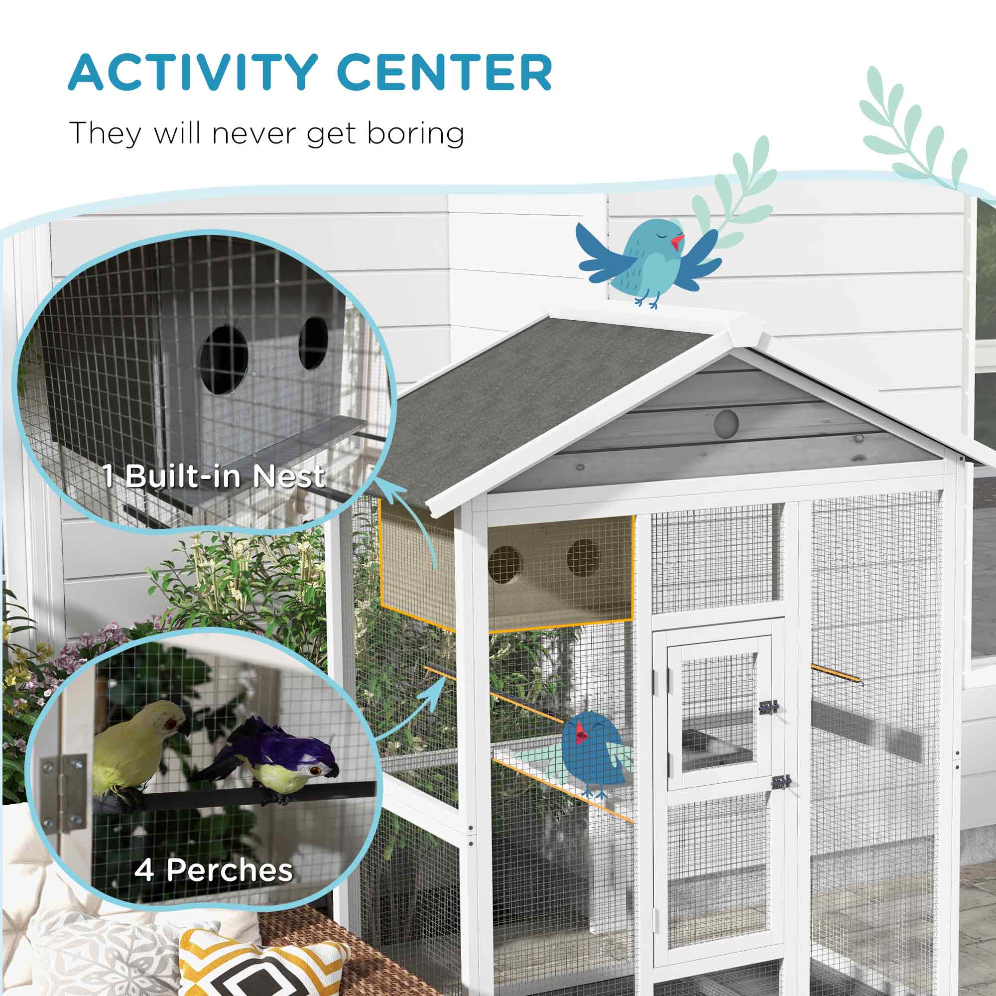 **ACTIVITY CENTER**

They will never get boring

- 1 Built-in Nest
- 4 Perches