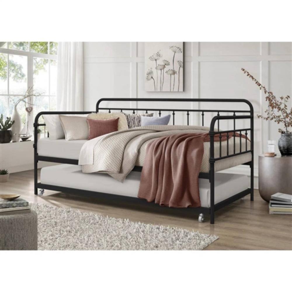 Angle. Hivvago - Twin size Black Rounded Iron Daybed with Roll Out Trundle Bed Frame - Black.