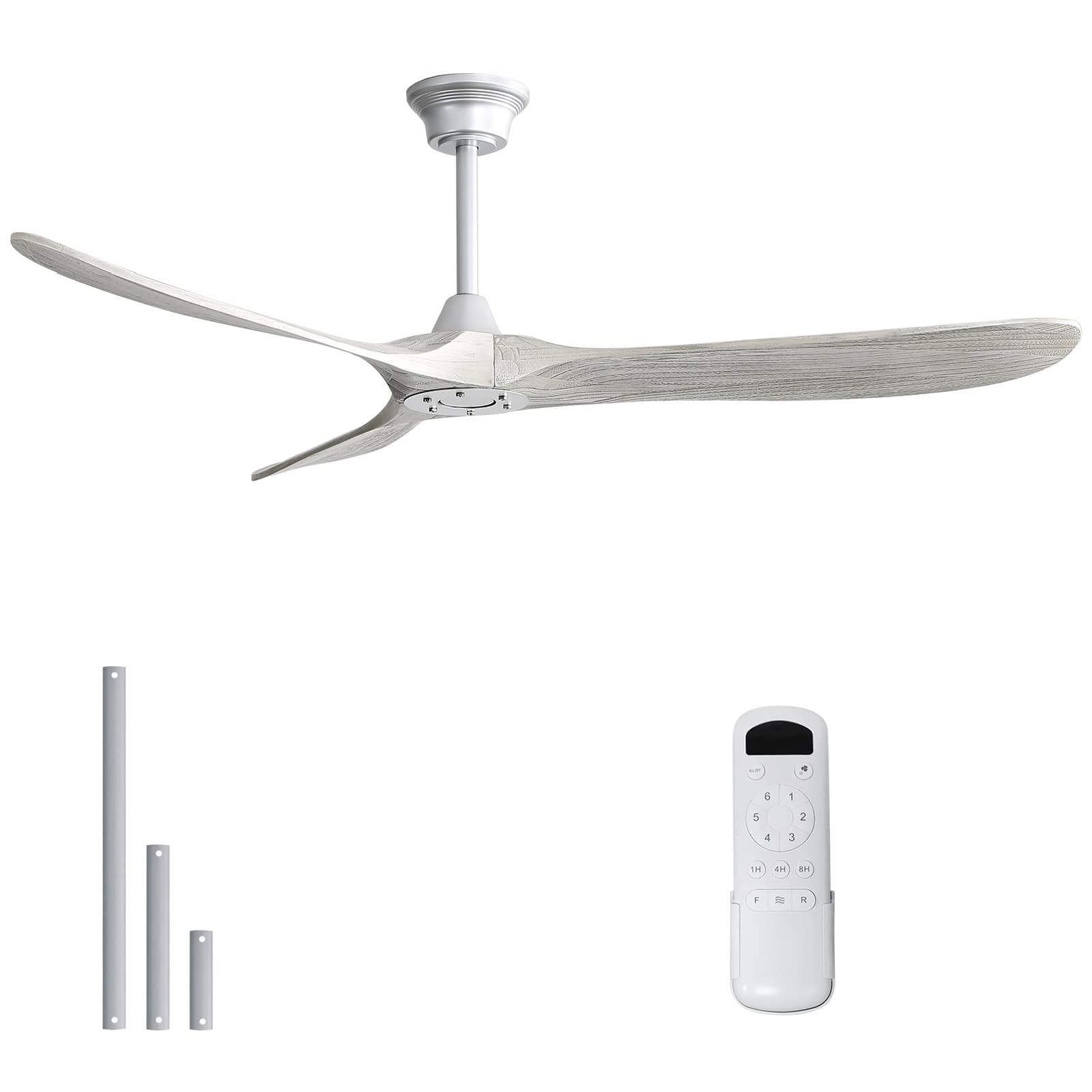 Sofucor - 60" Solid Wood Ceiling Fan No Light With Remote Quiet Outdoor Indoor Ceiling Fan for Patio Bedroom Porch Farmhouse - Silver-Grey Wood