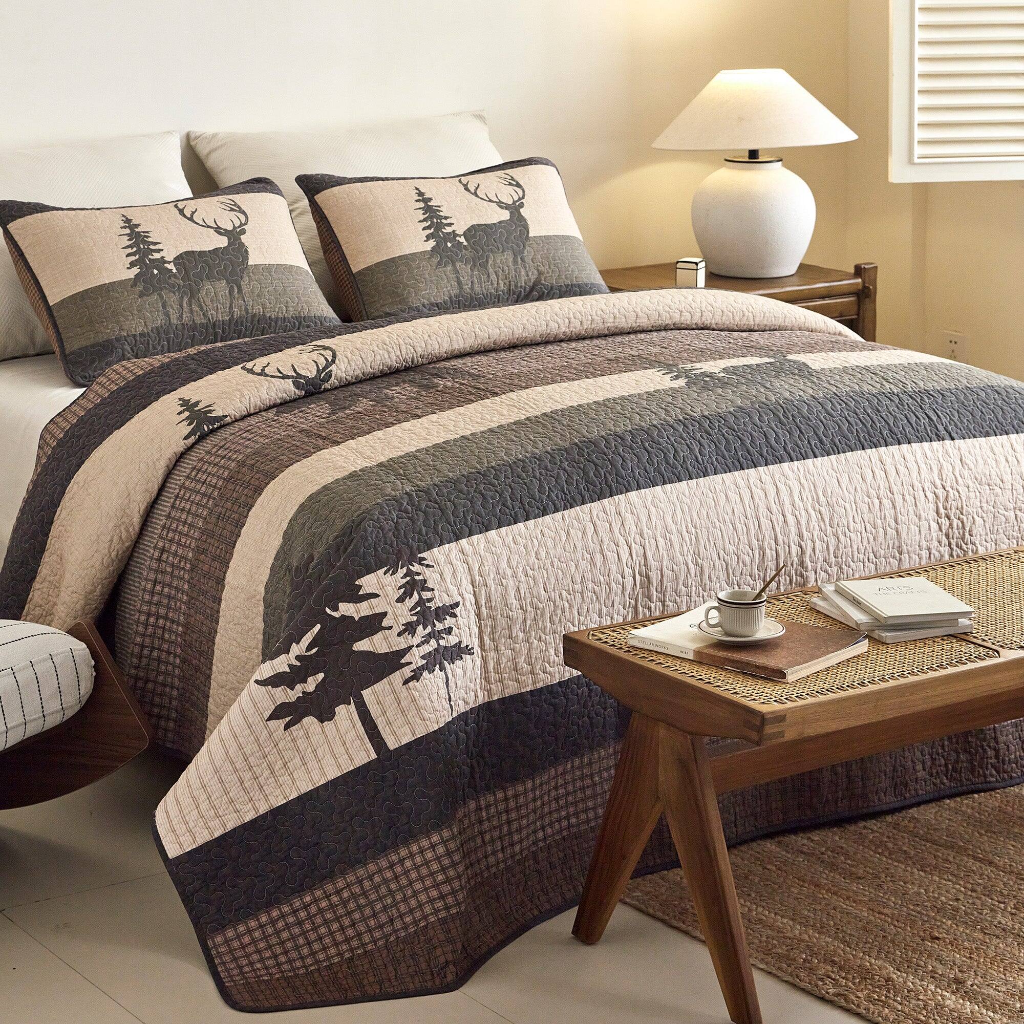 Alt View 3. MarCielo - Marcielo 3 Piece 100% Cotton Bear & Deer Forest Quilt Bedspread Set - Brown.