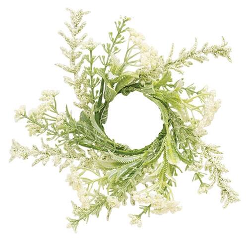 Front. BreeBe - Delicate Cream Astilbe & Lace Candle Ring - 2" - Cream, Green.