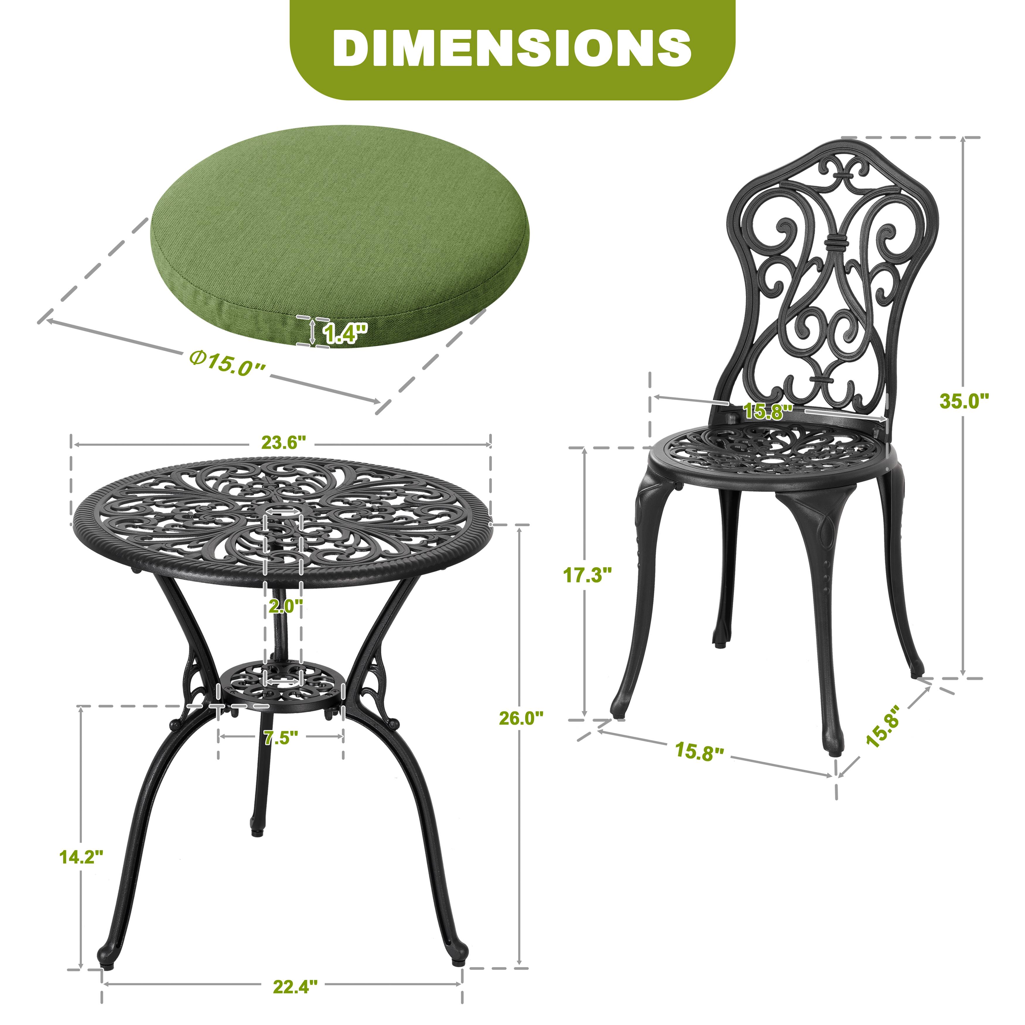 DIMENSIONS

- Seat cushion: 15.0" diameter, 1.4" height
- Table: 23.6" diameter, 2.0" height, 14.2" leg height, 22.4" leg span
- Chair: 17.3" seat width, 15.8" seat depth, 15.8" armrest height, 35.0" overall height, 26.0" overall width