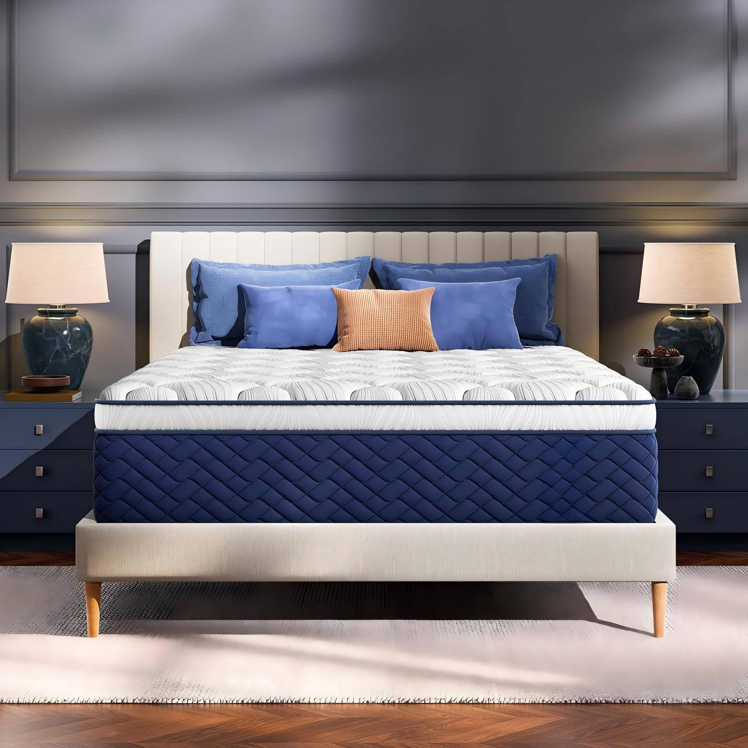 Alt View 1. Ecooso - 12" Queen Hybrid Mattress, Medium-Firm, 5-Zone Support, Back & Hip Relief, Fiberglass-Free - White+Blue.