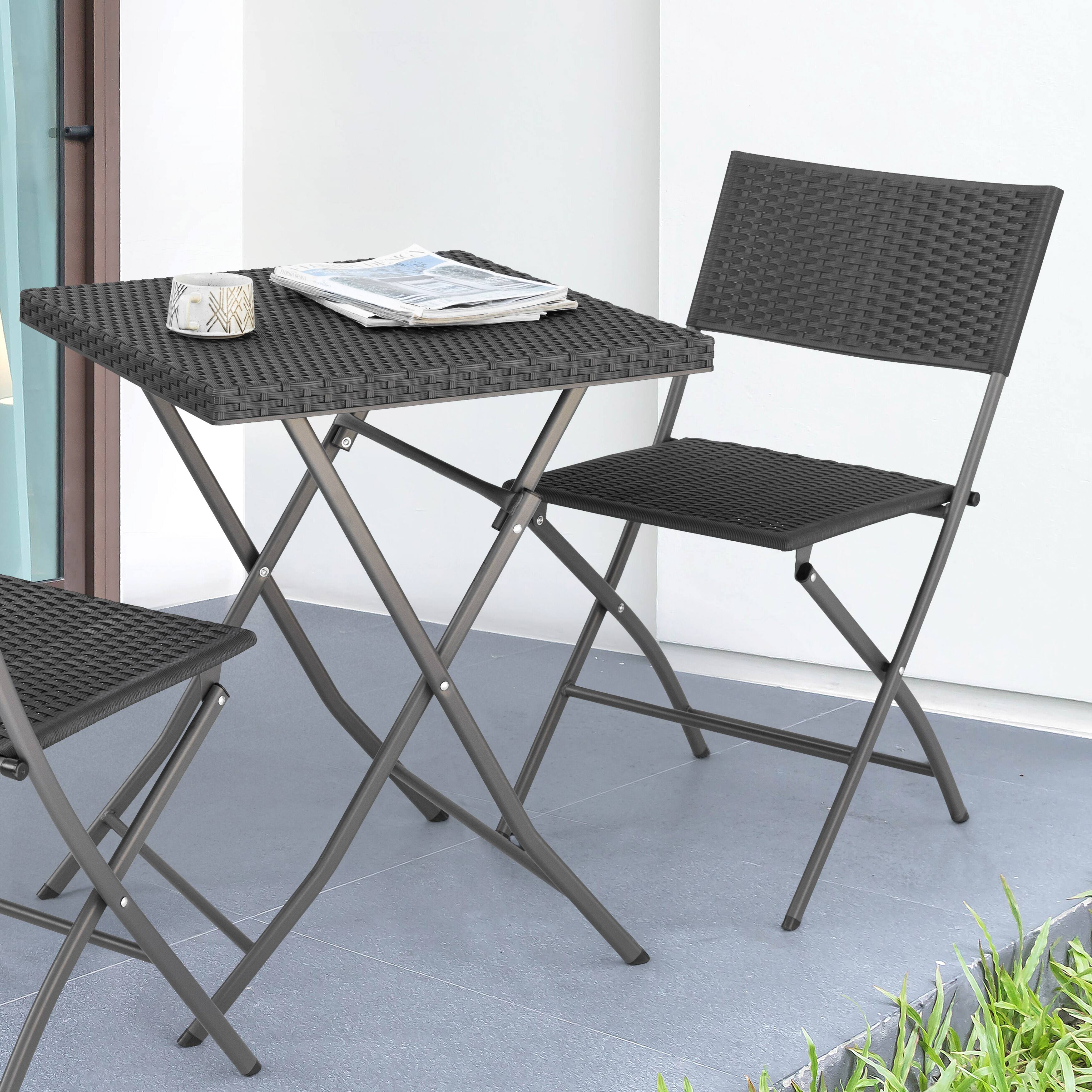 Alt View 6. Nuu Garden - Outdoor 3 Pieces Folding Bistro Set, Waterproof PP Rattan Table and Chairs - Black.