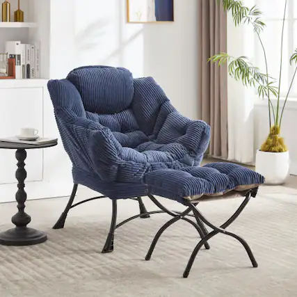 Front. Chery Life - Modern Lazy Chair with Ottoman Navy Blue Armrest Lounge Chair with Side Pocket for Small Spaces - blue.