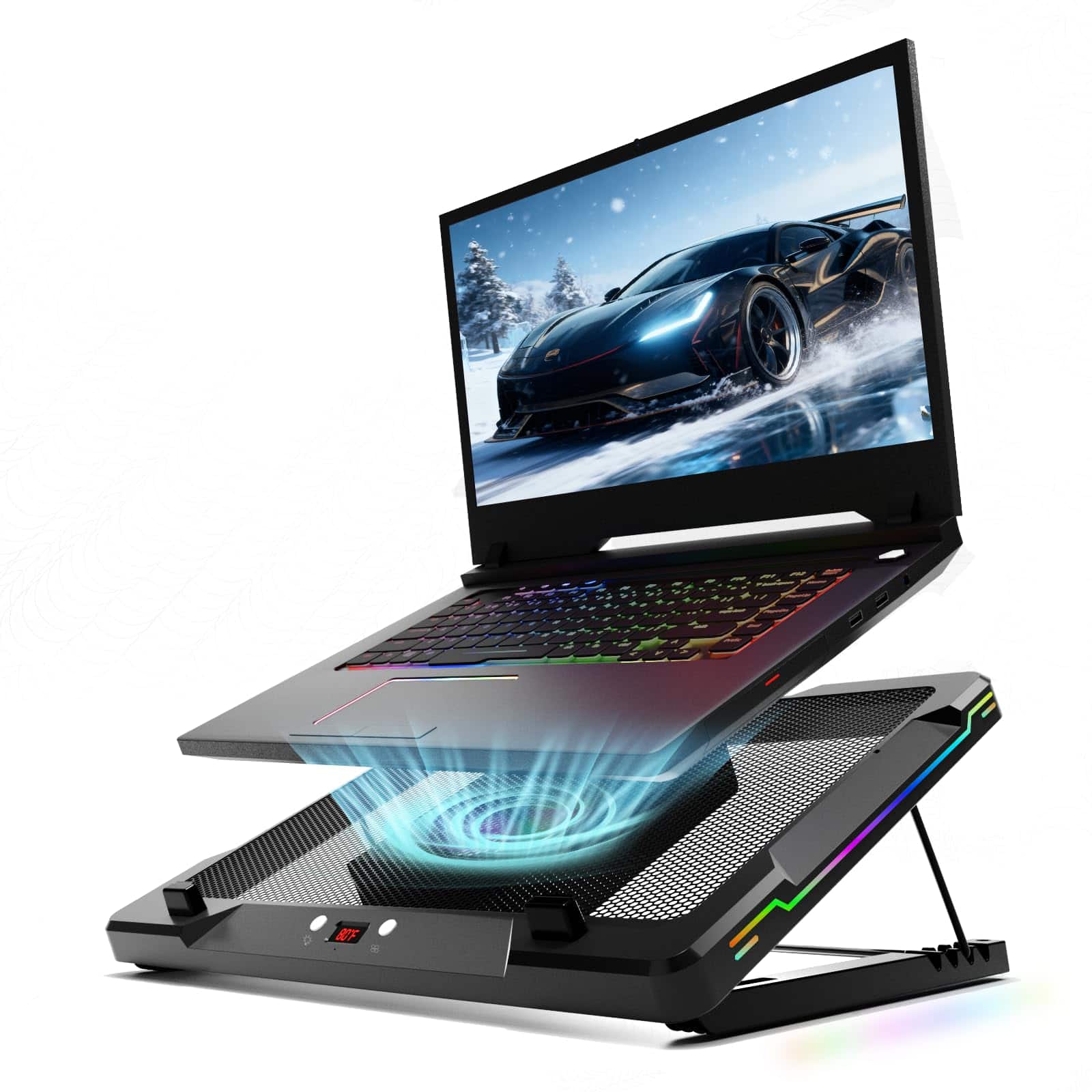 HongFei - Movable RGB Laptop Cooler with 5.5" Sliding Fan, Ergonomic Cooling Stand with 8 Light Modes for 14-17.3 Inch Laptops - Black