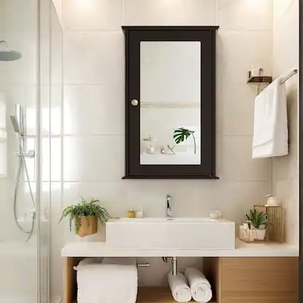 Front. Kadyn - Bathroom Wall Cabinet with Single Mirror DoorBrown Wall Cabinet for Bathroom Laundry Room Kitchen - Brown.