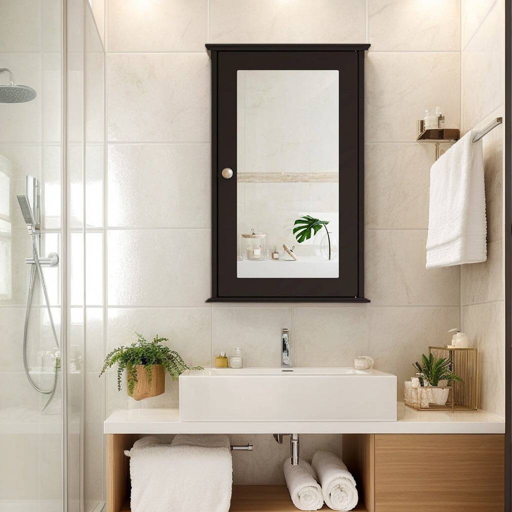 Front. Kadyn - Bathroom Wall Cabinet with Single Mirror DoorBrown Wall Cabinet for Bathroom Laundry Room Kitchen - Brown.