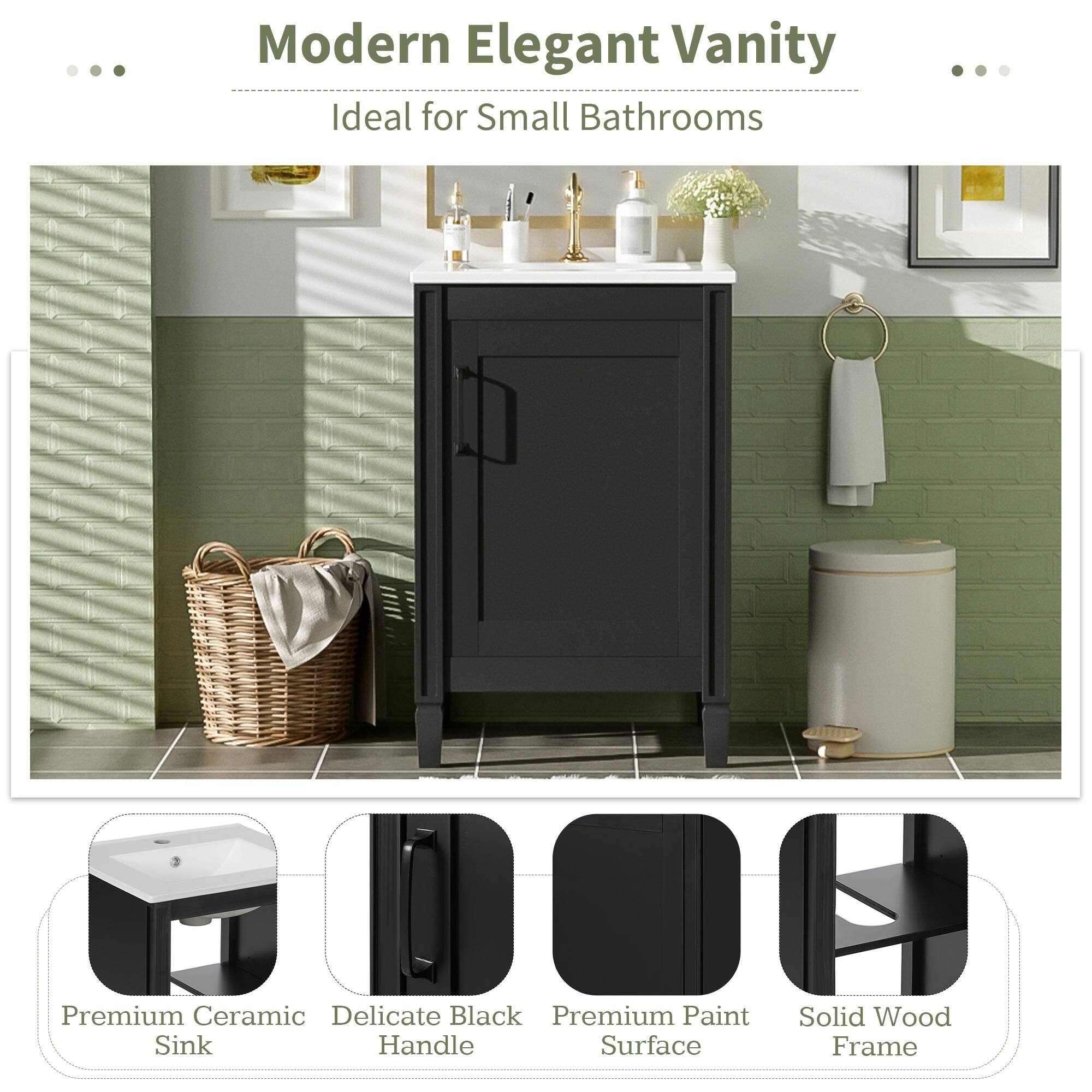 Modern Elegant Vanity  
Ideal for Small Bathrooms  

Premium Ceramic Sink  
Delicate Black Handle  
Premium Paint Surface  
Solid Wood Frame