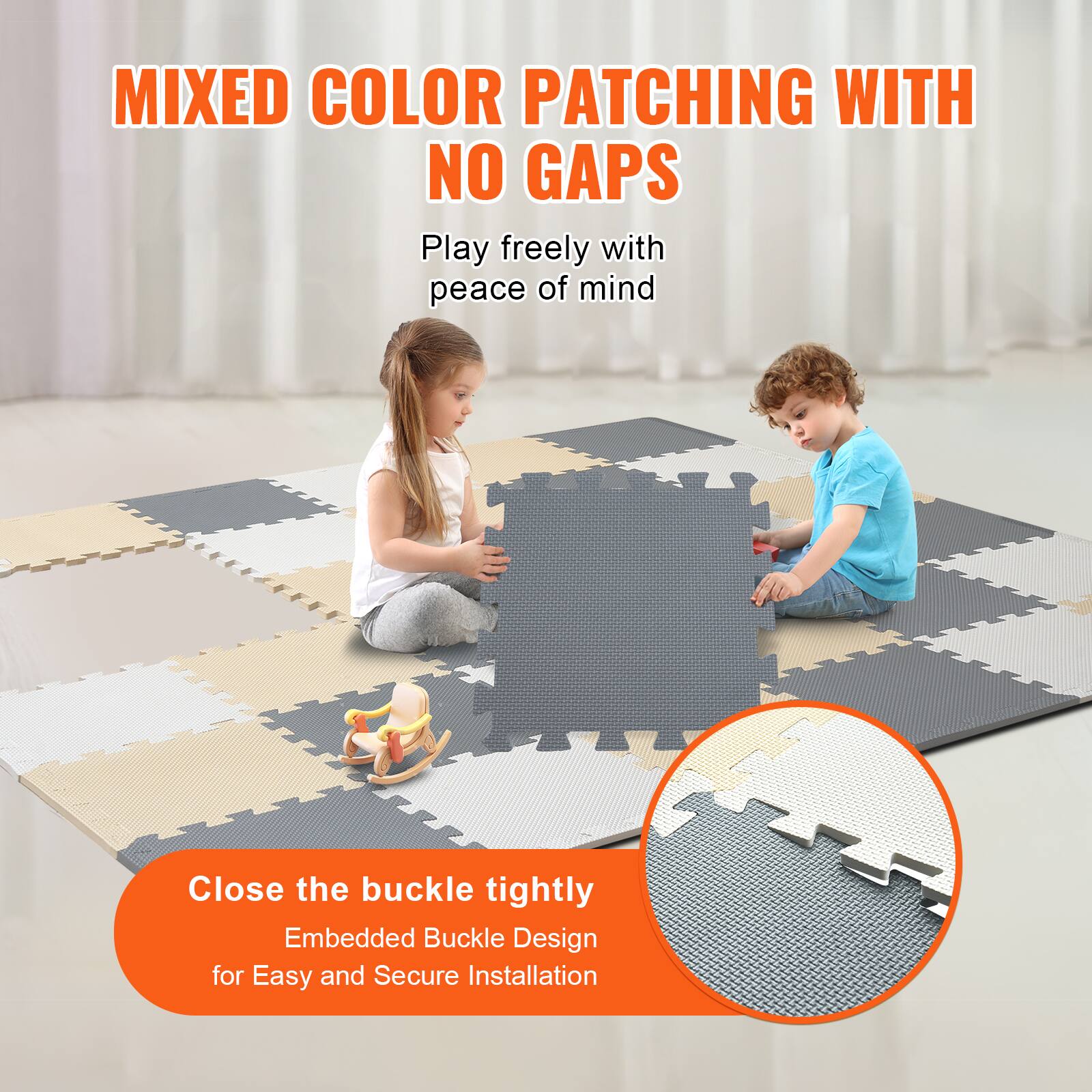 MIXED COLOR PATCHING WITH NO GAPS
Play freely with peace of mind
Close the buckle tightly
Embedded Buckle Design for Easy and Secure Installation