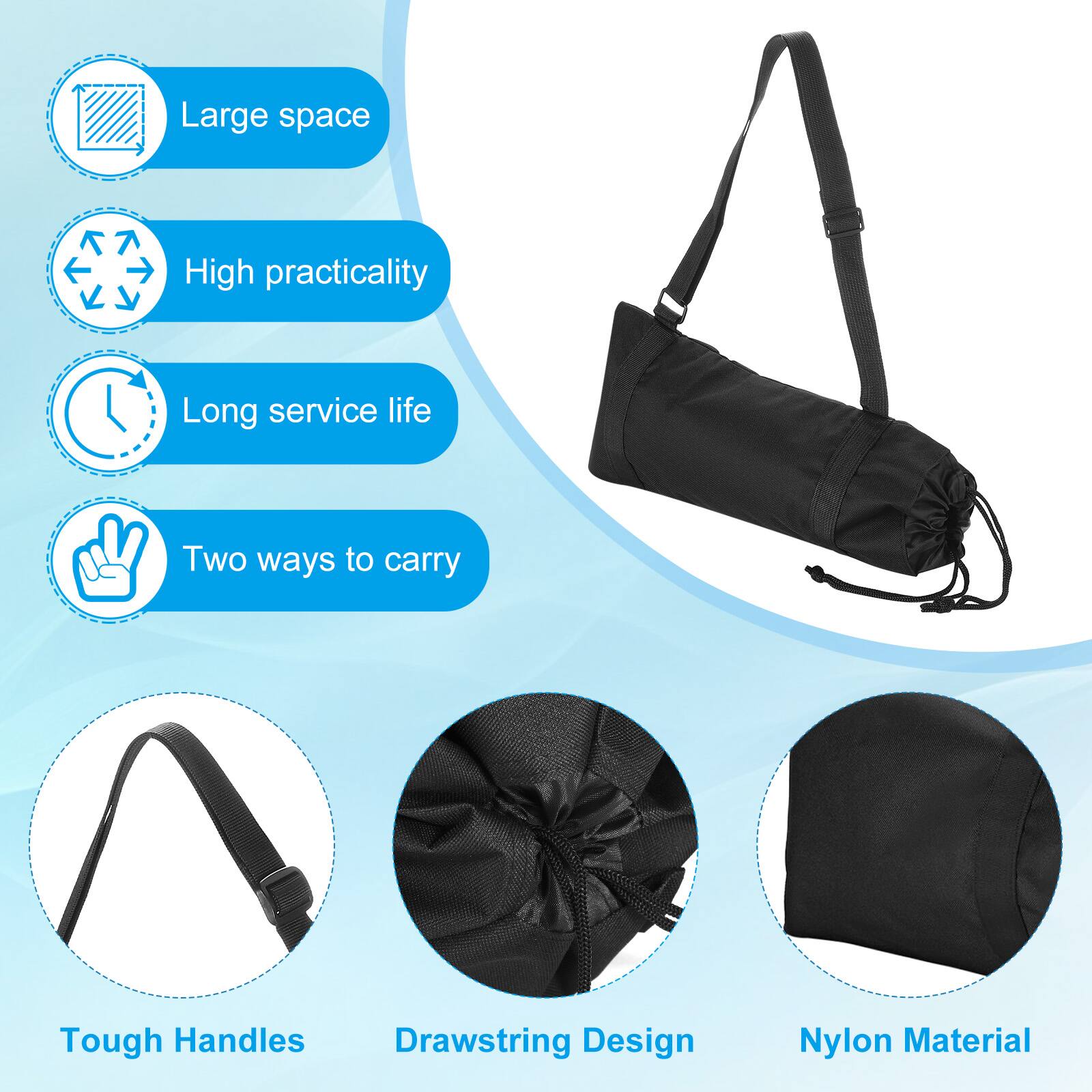 - Large space
- High practicality
- Long service life
- Two ways to carry
- Tough Handles
- Drawstring Design
- Nylon Material