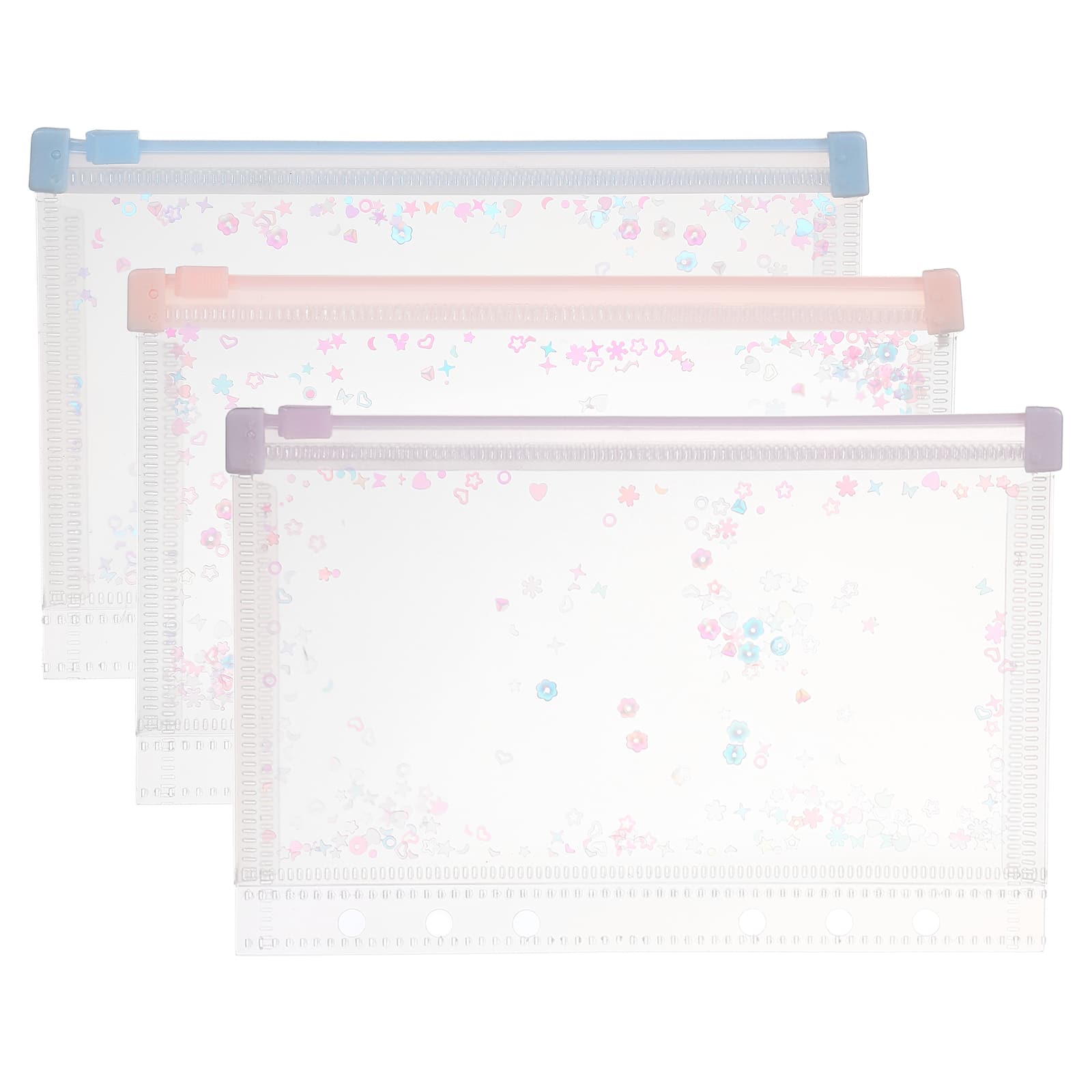 Unique Bargains - 3pcs A6 Plastic Binder Zipper Pockets 7x5 Inch Clear Envelope Folders Planner Waterproof with Sequin Decor - Light Pink/Light Blue/Light Purple price history on PriceWatchPro