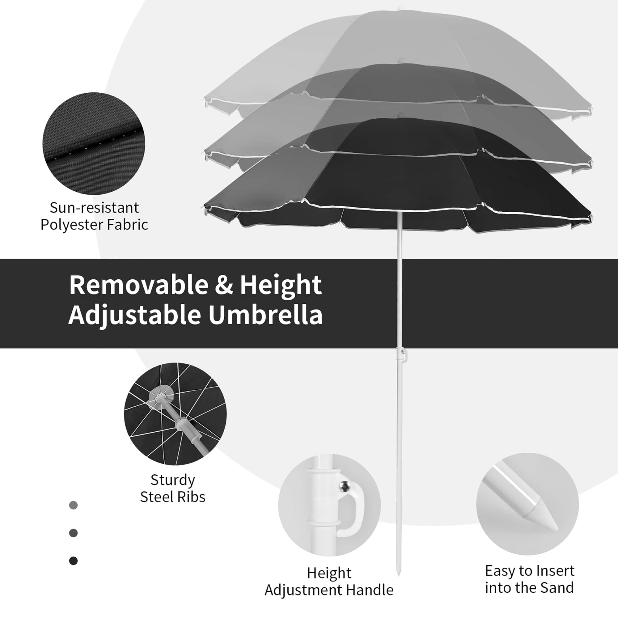 Sun-resistant Polyester Fabric Removable & Height Adjustable Umbrella Sturdy Steel Ribs Height Adjustment Handle Easy to Insert into the Sand