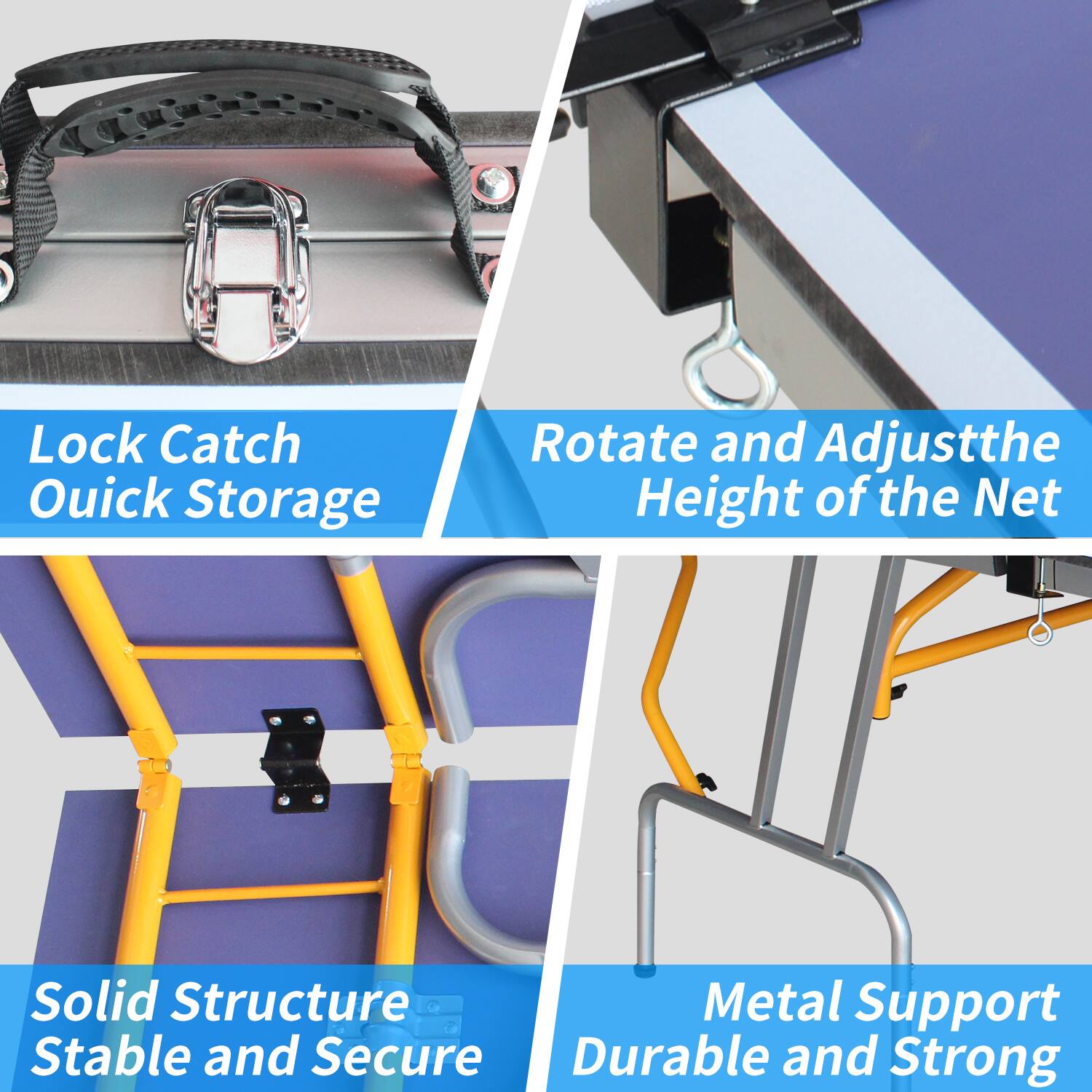 - Lock Catch Quick Storage
- Rotate and Adjust the Height of the Net
- Solid Structure Stable and Secure
- Metal Support Durable and Strong