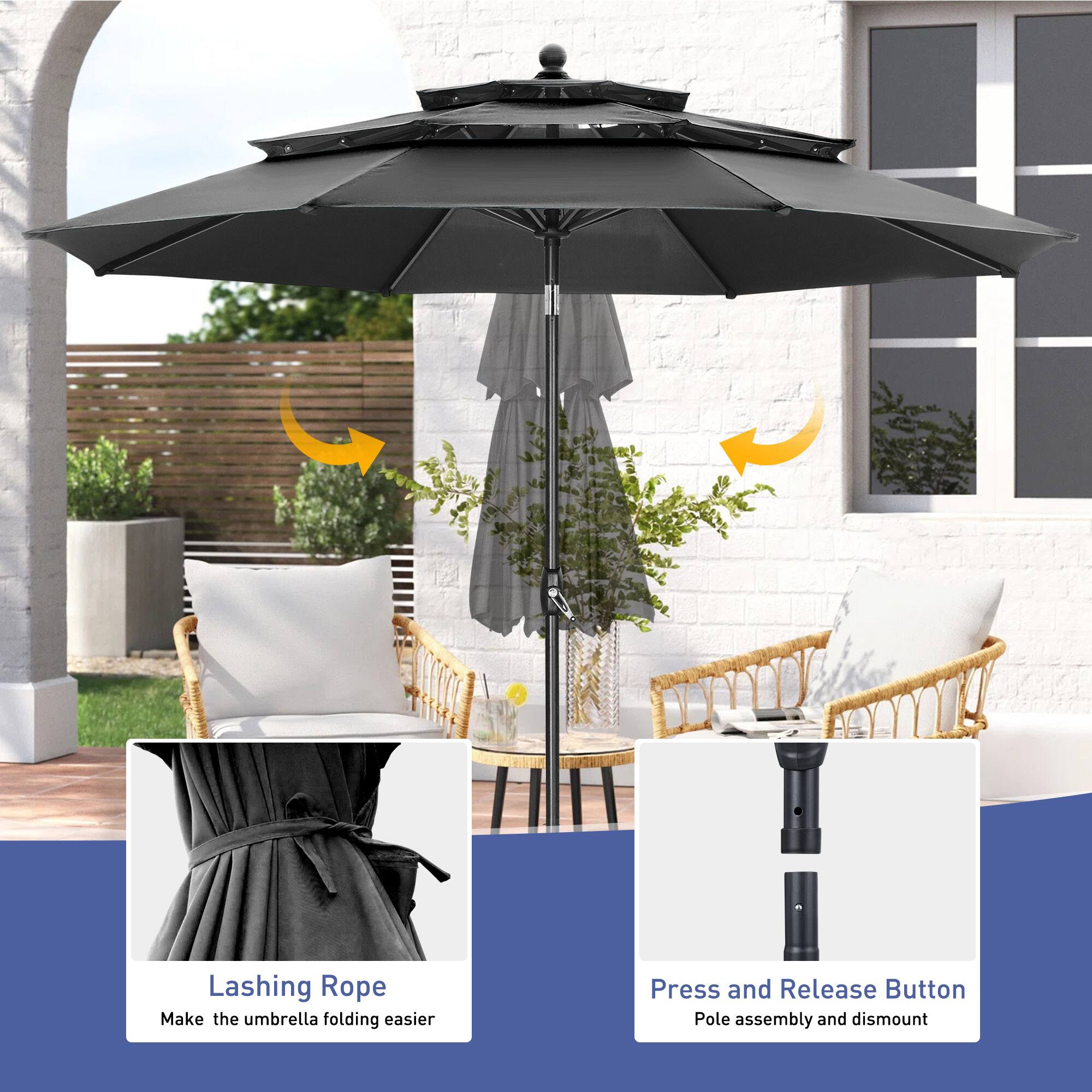 Lashing Rope  
Make the umbrella folding easier  

Press and Release Button  
Pole assembly and dismount