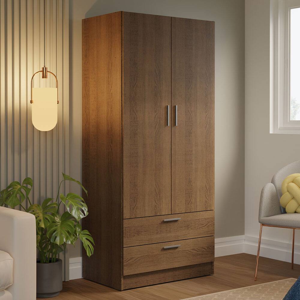 Angle. Madesa - Madesa 2 Door 2 Drawer Storage Cabinet Wardrobe with Shelf and Hanging Space 31"L - Rustic - Brown.