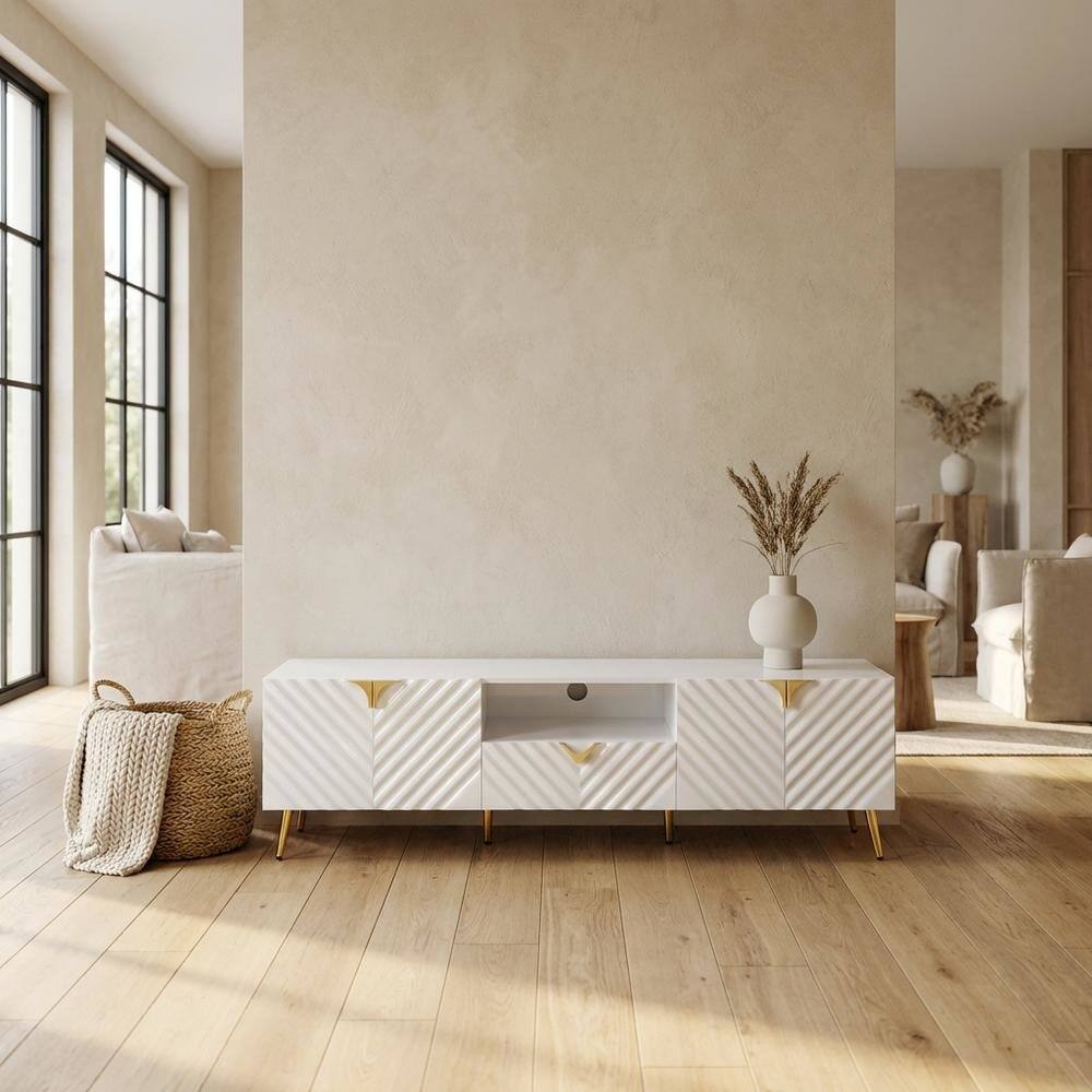 Alt View 2. FurniFact - White Gloss Finish TV Stand with Rubberwood and Walnut Veneers for Modern Living - Beige.