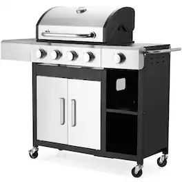 U-HOMY - Propane Gas Grill with Pizza Oven and Side Burner, Removable Grates, Shelf & Cabinet for Outdoor Cooking - 4+1 Burner