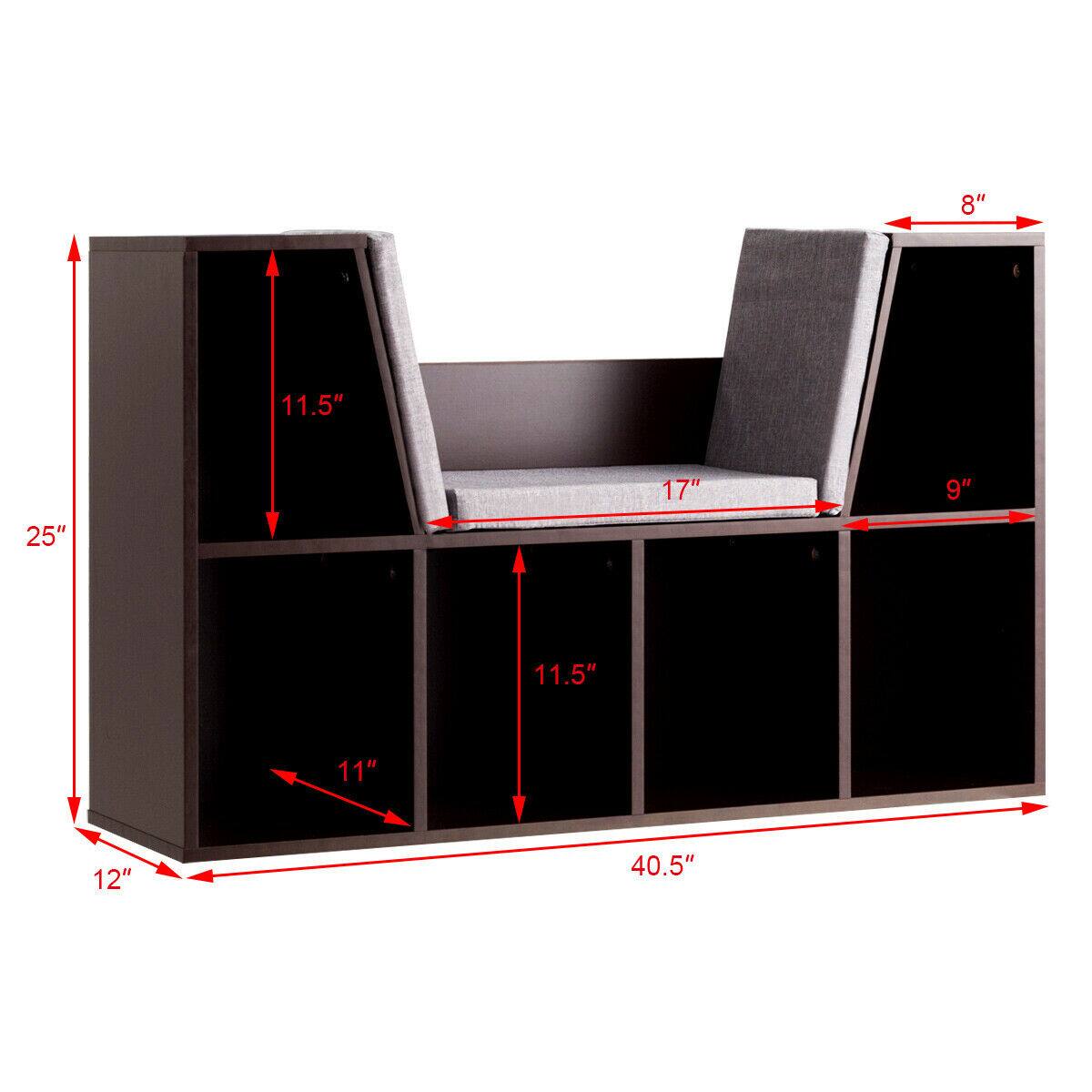 The text on the image is grouped as follows:

- Width: 40.5"
- Depth: 25"
- Height: 11.5"
- Seat height: 17"
- Back height: 8"
- Shelf height: 9"
- Shelf width: 11"
- Shelf depth: 11.5"