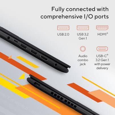 Fully connected with comprehensive I/O ports

- USB 2.0
- USB 3.2 Gen 1
- HDMI
- Audio combo jack
- USB-C 3.2 Gen 1 with power delivery
