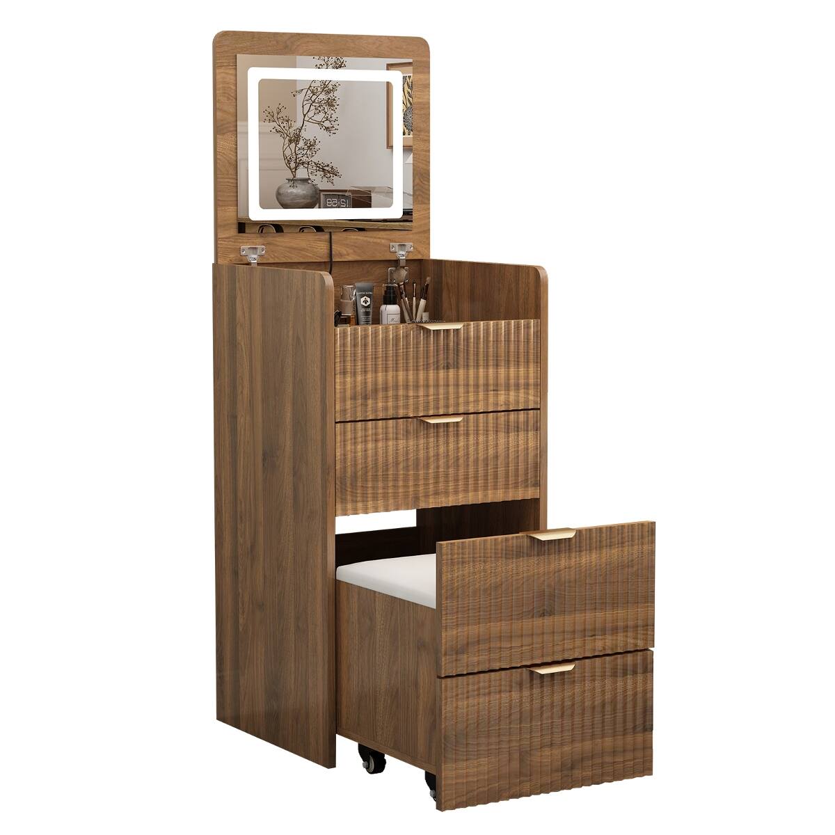Alt View 9. Loheer - Loheer 3 in 1 Vanity Desk, Walnut MDF Makeup Table with Flip Top Mirror and Lights - Walnut.