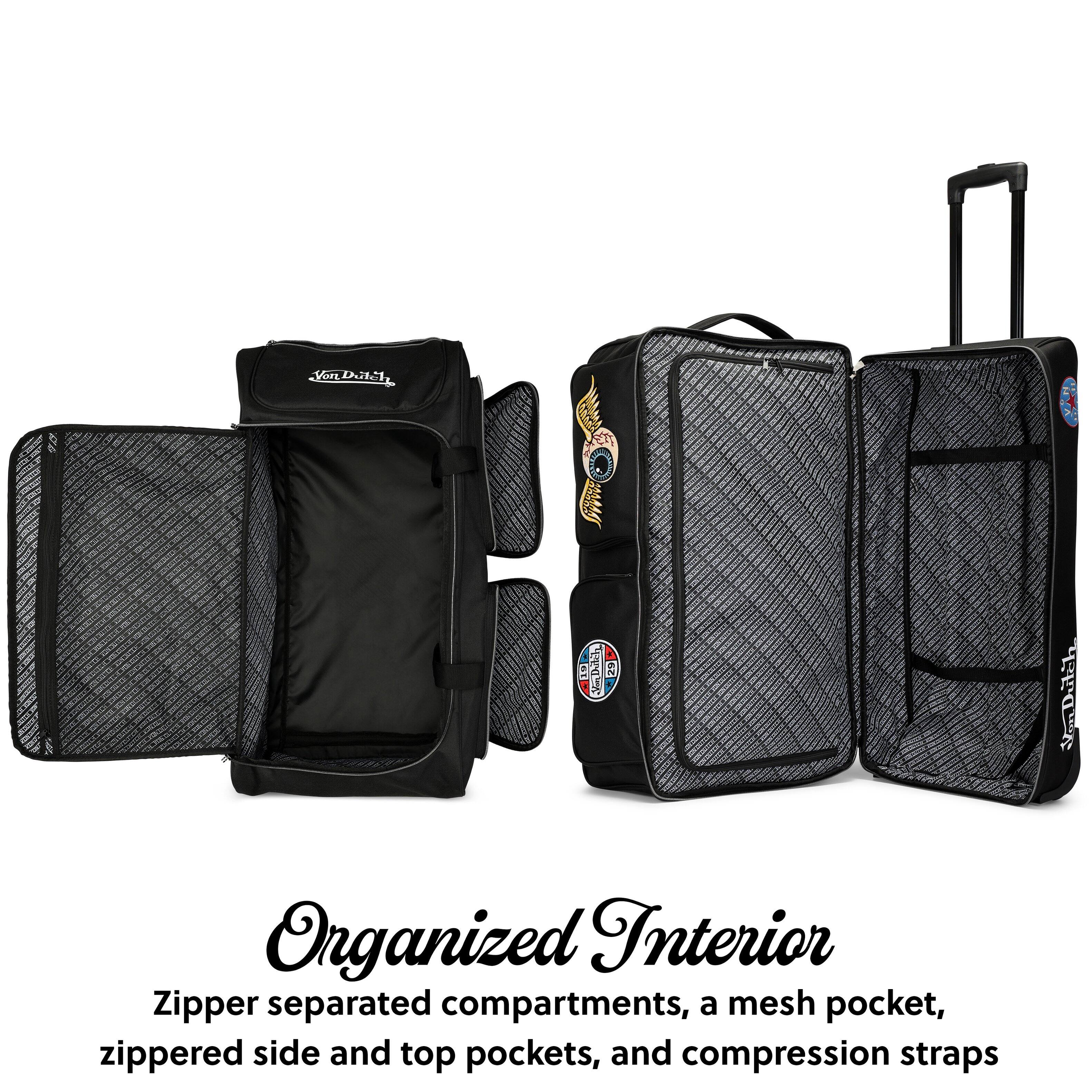 Organized Interior  
Zipper separated compartments, a mesh pocket, zippered side and top pockets, and compression straps