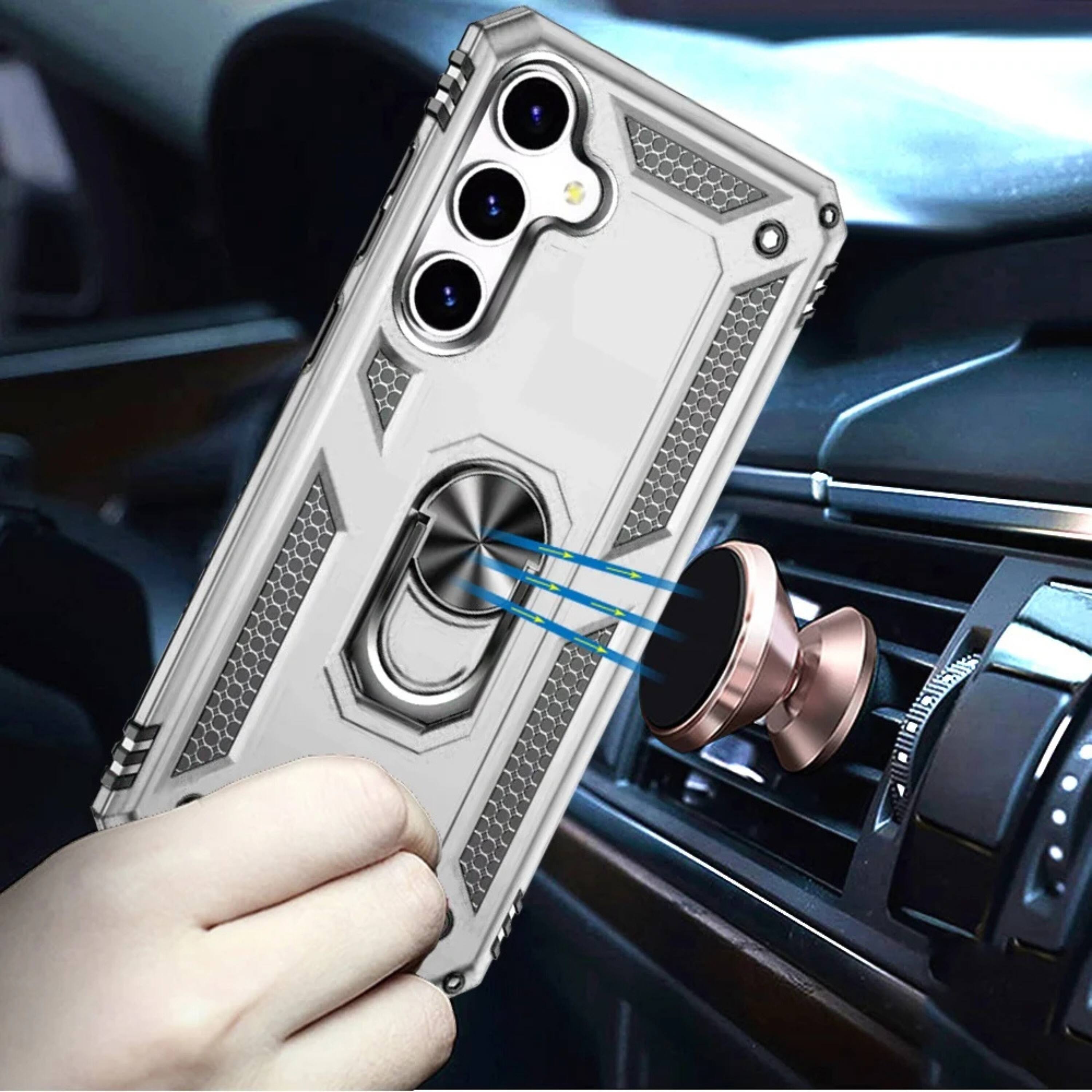 Angle. Kitcheniva - Magnetic Ring Kickstand Protective Phone Case With Tempered Glass For Samsung S25 Plus S24 Plus Silver - White.