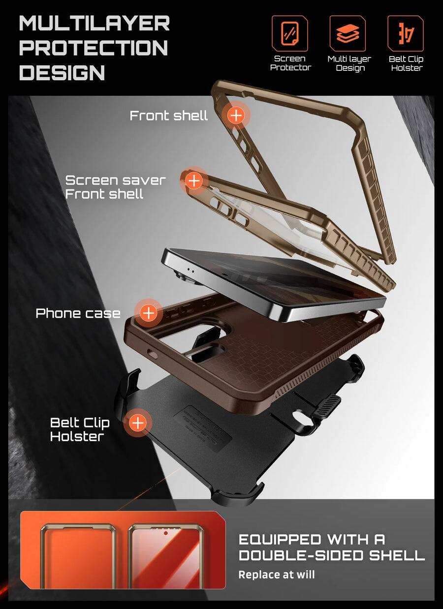MULTILAYER PROTECTION DESIGN

Screen Multi layer Protector Design AE Belt Clip Holster Front shell + Screen saver Front shell + Phone case + Belt Clip Holster + EQUIPPED WITH A DOUBLE-SIDED SHELL Replace at will

- Screen Protector
- Multi layer Design
- Belt Clip Holster

Front shell
Screen saver Front shell
Phone case
Belt Clip Holster

EQUIPPED WITH A DOUBLE-SIDED SHELL
Replace at will