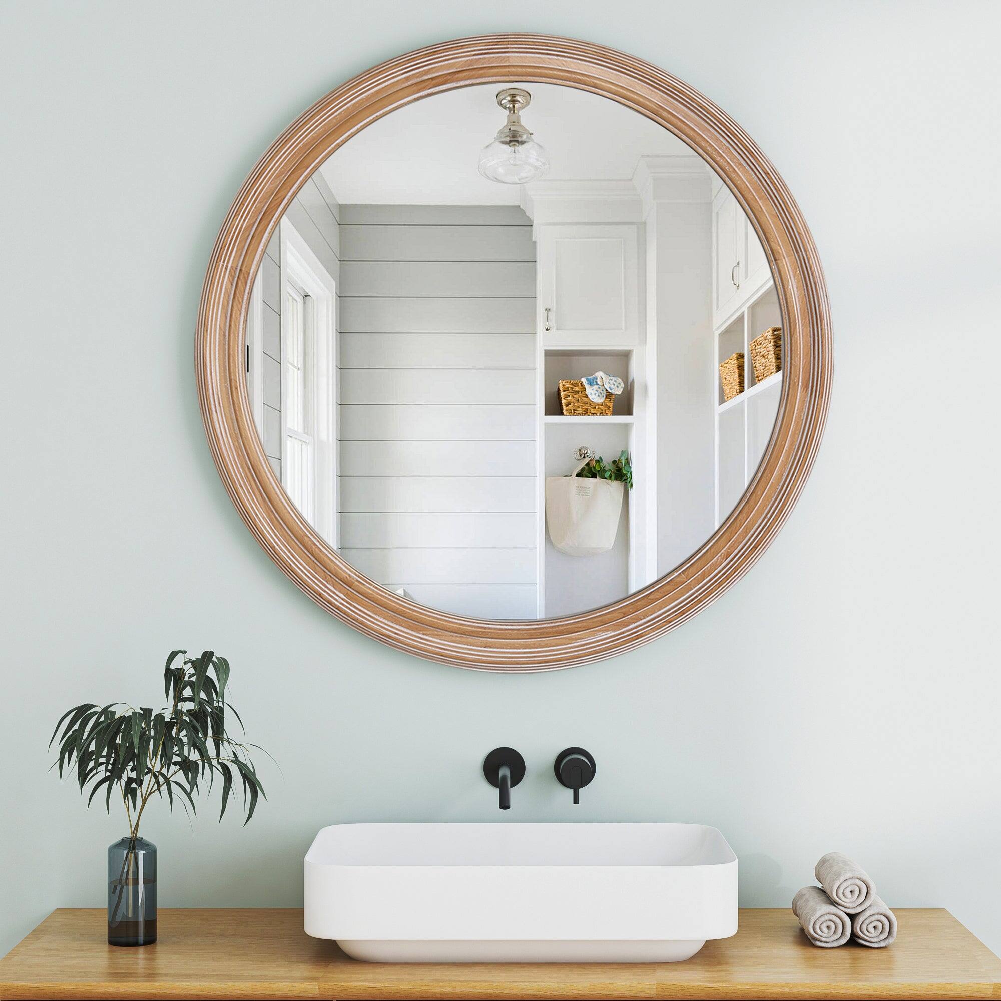Alt View 5. BreeBe - 23.62" Round Wood Framed Wall Mirror with Ribbed Detail, Natural Wooden Circle, Coastal Farmhouse Decor for Home - Natural Wood.