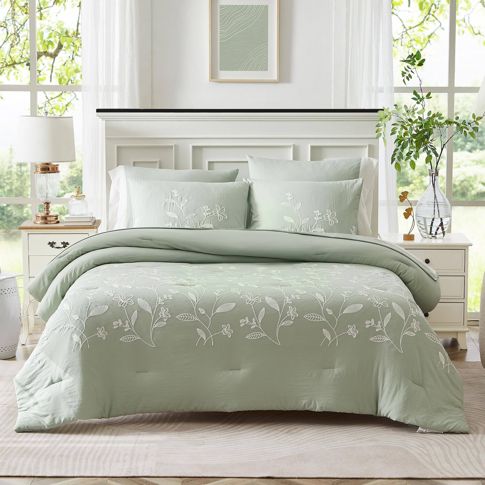 Alt View 8. Paradigms Interiors - Size Comforter Sets Embroidery Bedding 7 Pieces Sage Set All Season Bed In A Bag With Sheets Pillowcase Shams - Charcoal Black-California King 7 Piece.