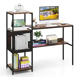 Ecooso - Computer Desk with Bookshelf, Storage Cabinet and Shelves, Home Office Workstation - Rustic Brown & Black