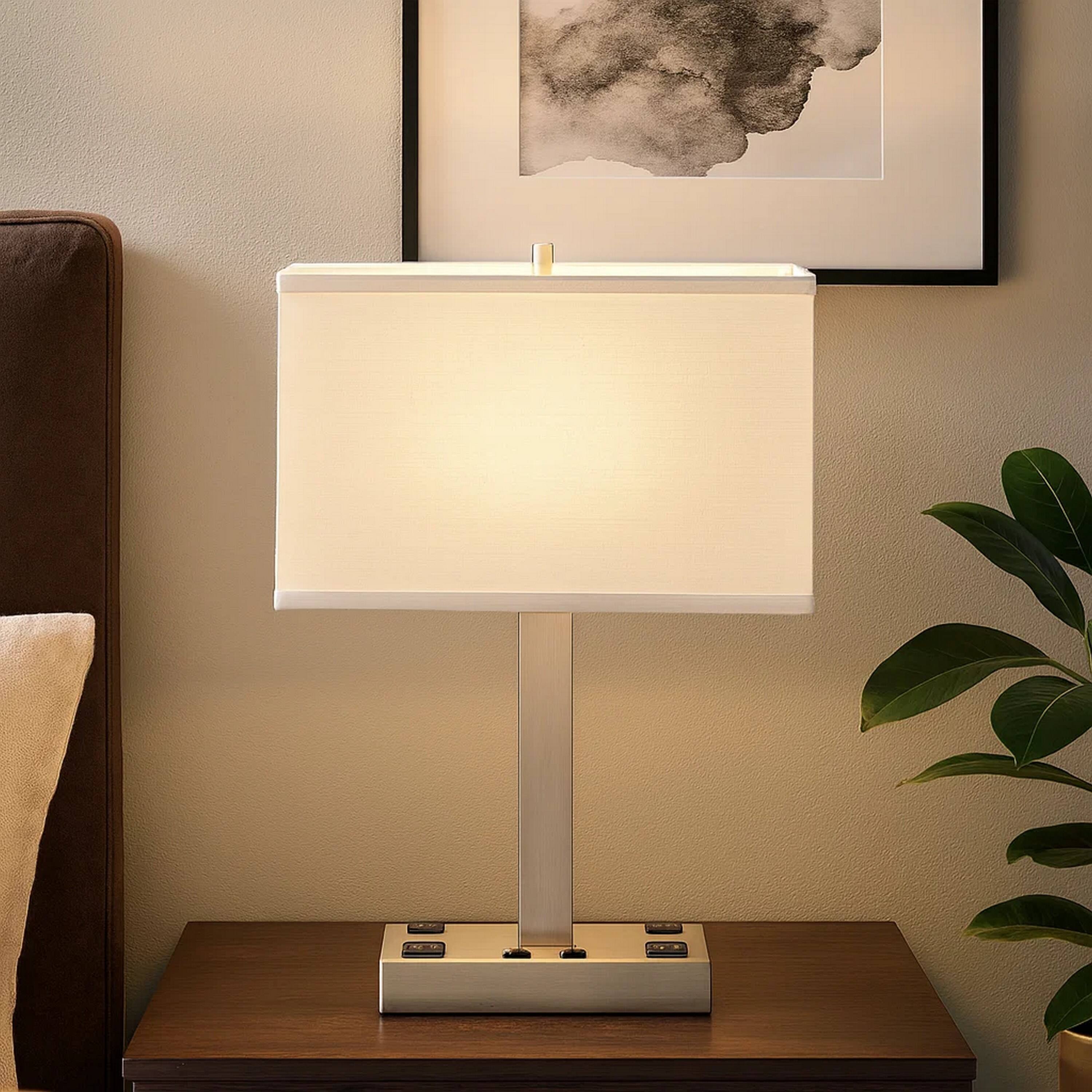 Alt View 3. Manhattan Lane - Colm Table Lamp, 2 Ports and 2 Power Outlets, Brushed Steel 21 Inch - Silver, White.