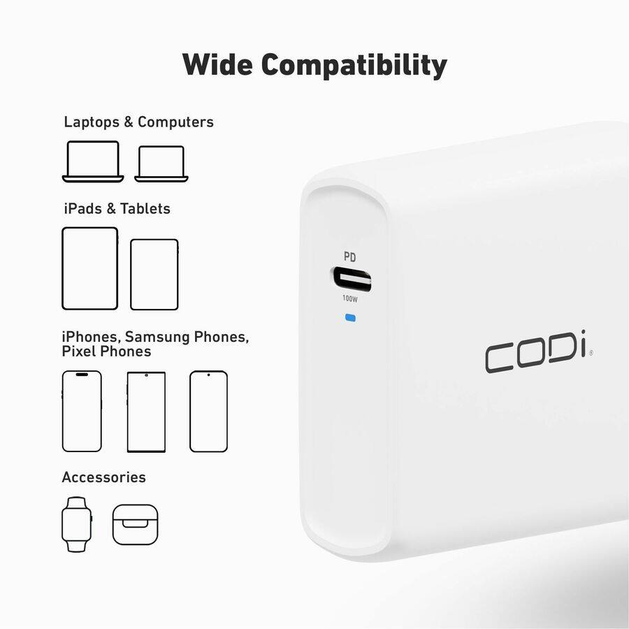 Wide Compatibility

- Laptops & Computers
- iPads & Tablets
- iPhones, Samsung Phones, Pixel Phones
- Accessories

PD 100W

CODi