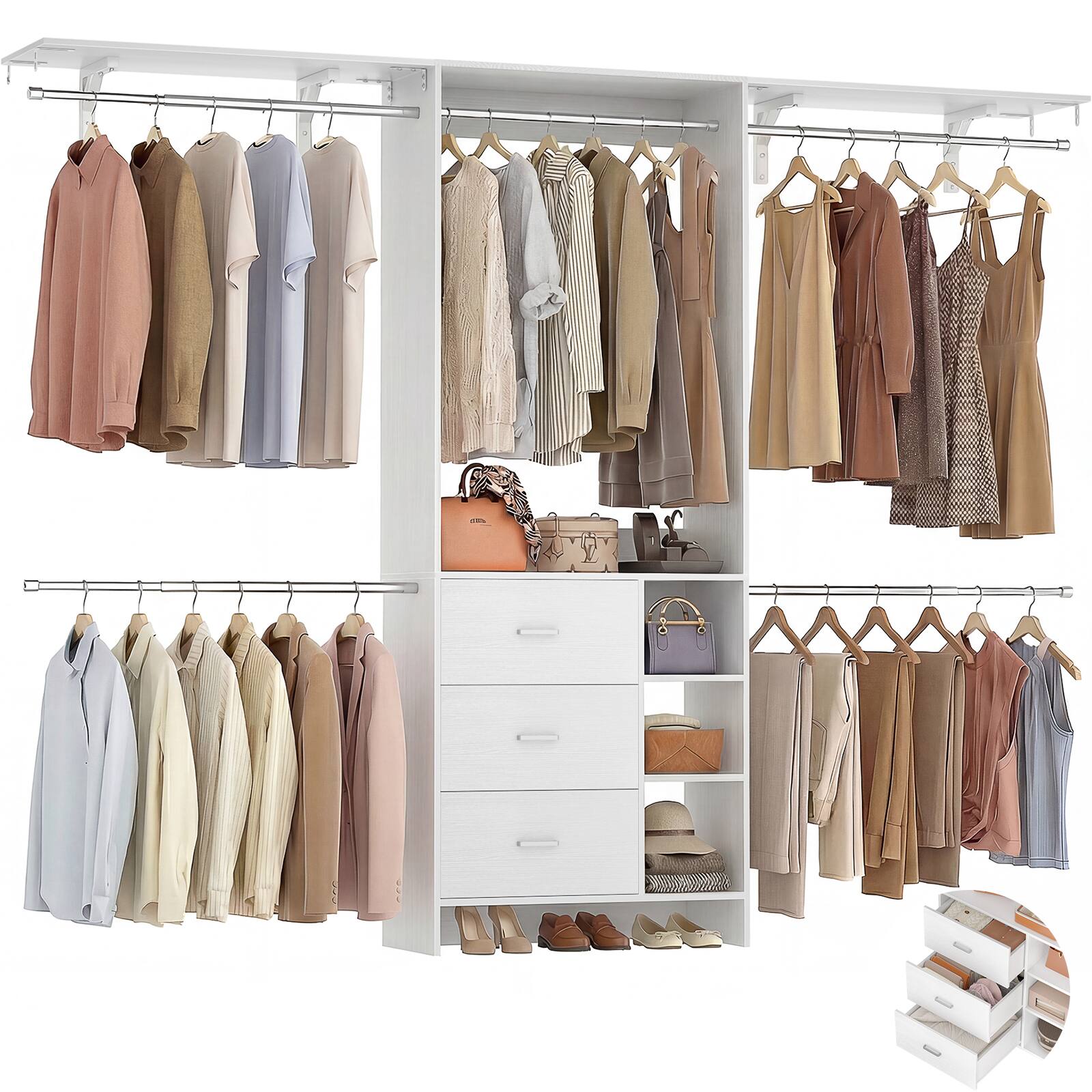 Angle. Aheaplus - 96" Freestanding Closet Organizer: 3 Wood Drawers, Hanging Rods & Shelves. Adjustable (5.3-9ft) - White.