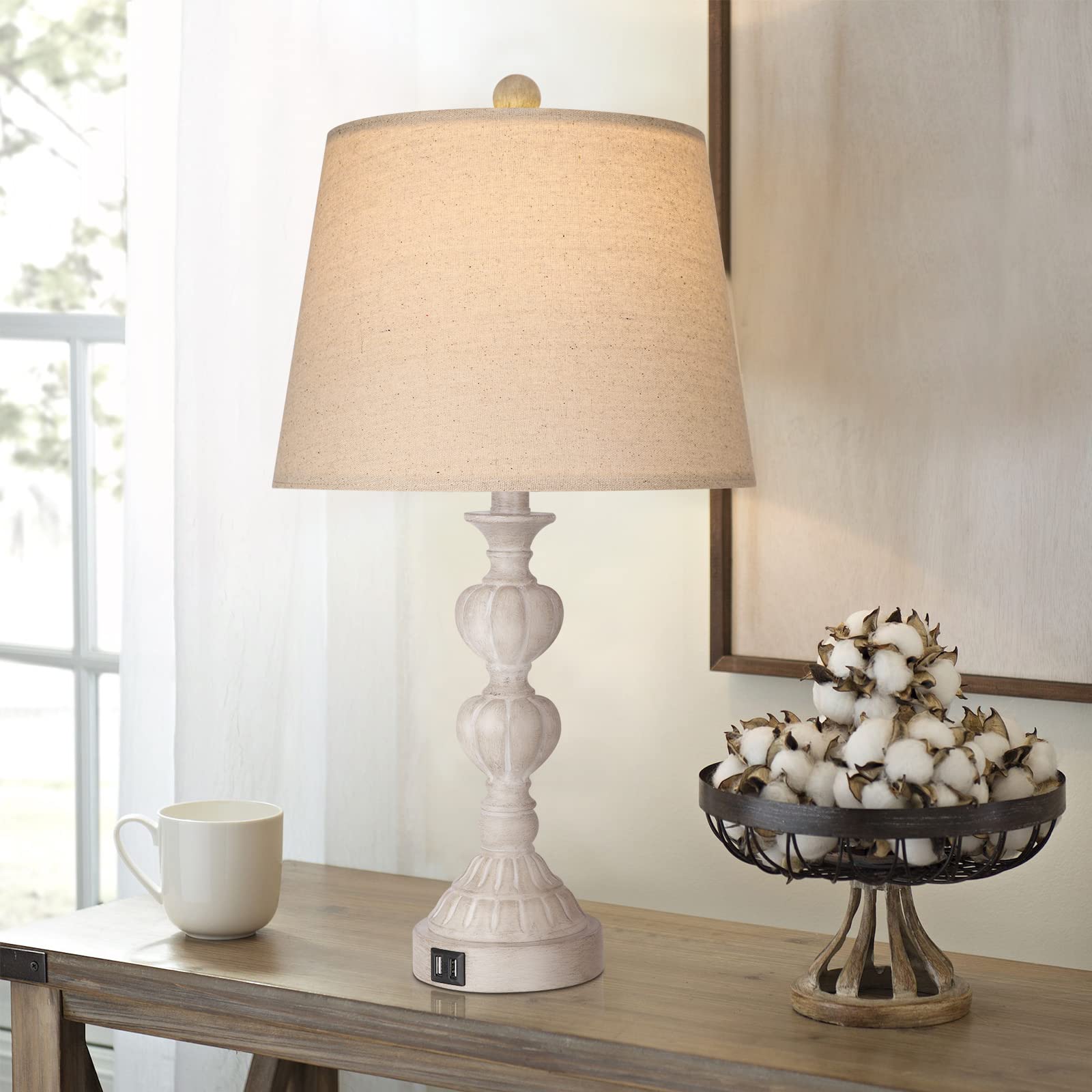 Left. Pawtners - Touch Control Coastal Farmhouse Table Lamp, 3-Way Dimmable Touch Control, 2 USB Charging Ports (Bulbs Included).
