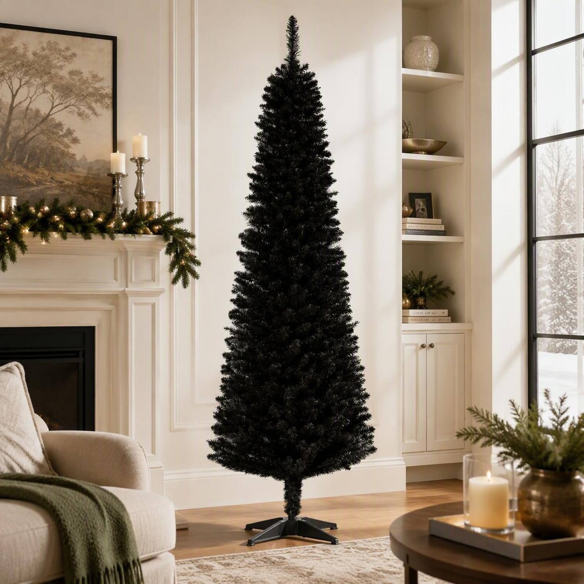 Left. RYHNUYNE - Slim Artificial Christmas Tree With Realistic Branch Tips, Plastic Stand Hinged Design Easy Setup Holiday Decor - Black.