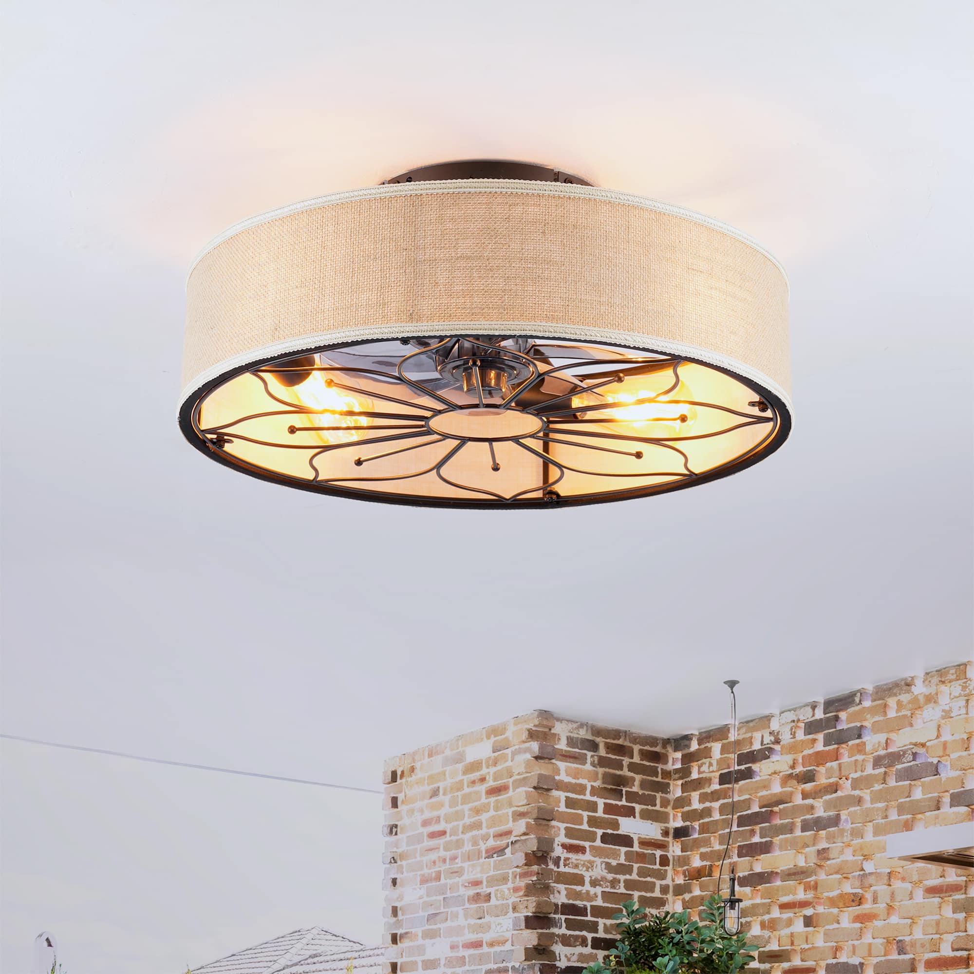 Sofucor - 20" Caged Ceiling Fan With Light & Remote Low Profile Enclosed Farmhouse Bladeless Ceiling Fan Fans for Bedroom - Black 1