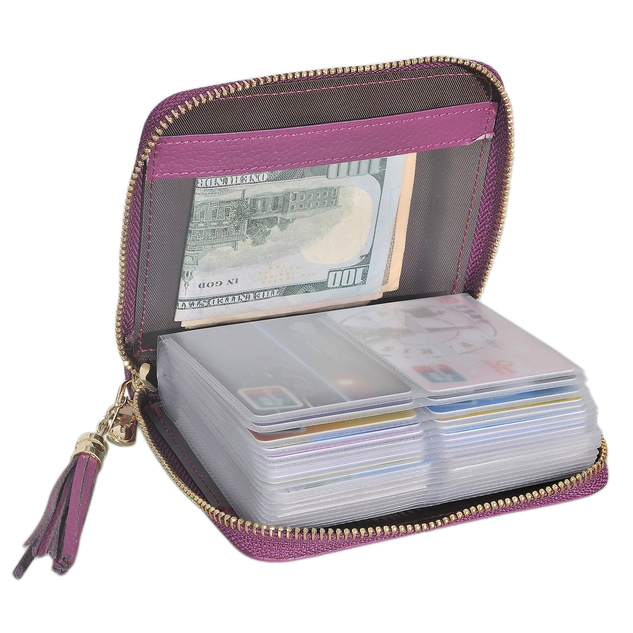 Jadie Link - Womens Credit Card Holder Wallet Zip Leather Case Rfid Blocking (black) Material: Genuine Cowhide PVC card slots.Size - Purple