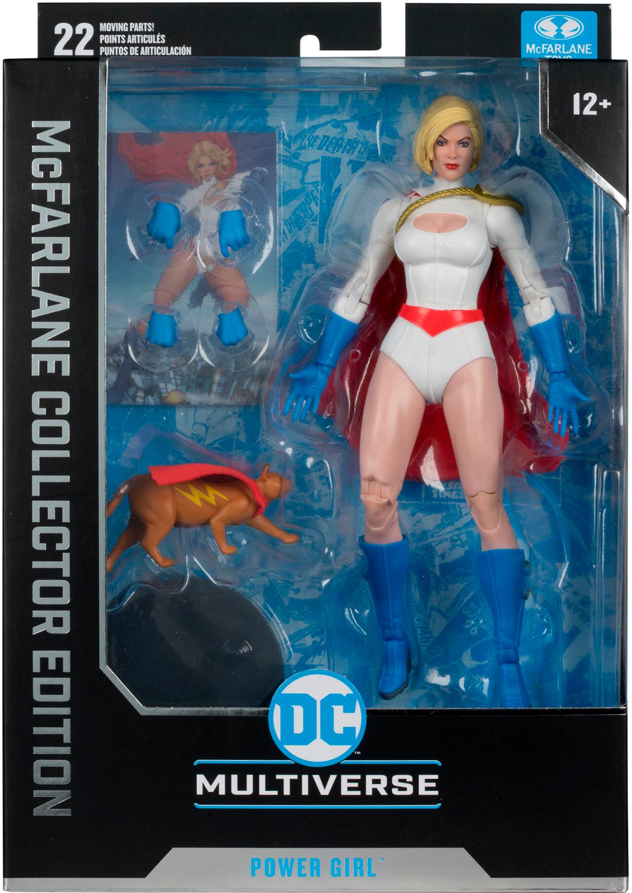 The text on the image reads: "Moving parts! 22 points of articulation McFarlane - 12+ edr McFarlane stags collector edition DC - Multiverse Power Girl."