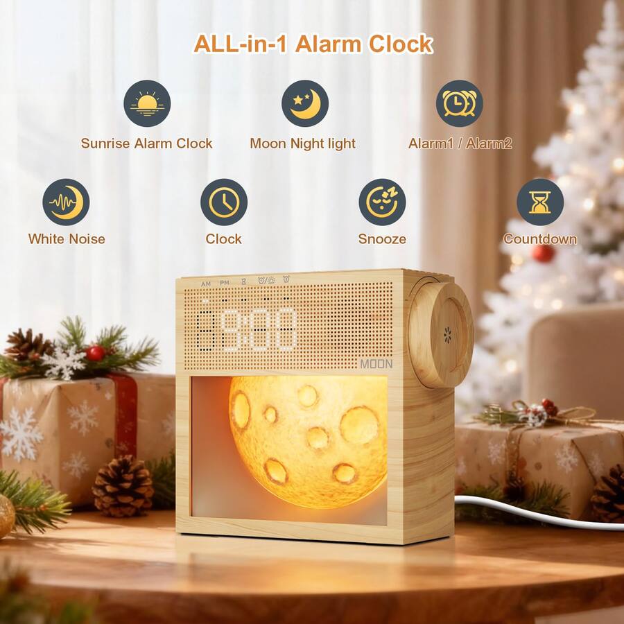 Dazzed Corner Sunrise Alarm Clock with White Noise, Dual Alarms Wood ...