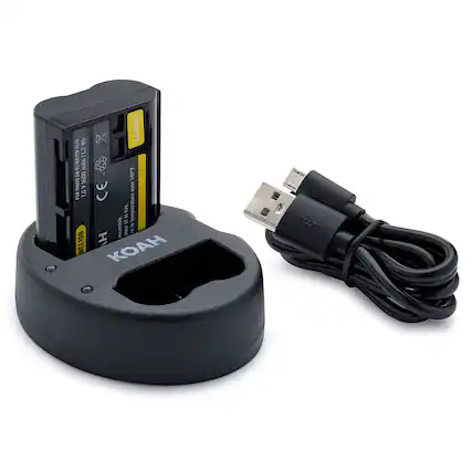 Sure, here is the corrected and grouped text from the image:
**Battery:**
- Li-ion
- 7.4V 1600mAh 12.1Wh
- FOR NIKON EN-EL15B
- CE
- NEL15B
- KOAH
**Charger:**
- KOAH
**Additional Information:**
- Assemble
- Temperature range: -20°C to 40°C
- Do not disassemble
- Do not expose to fire
- Do not short circuit