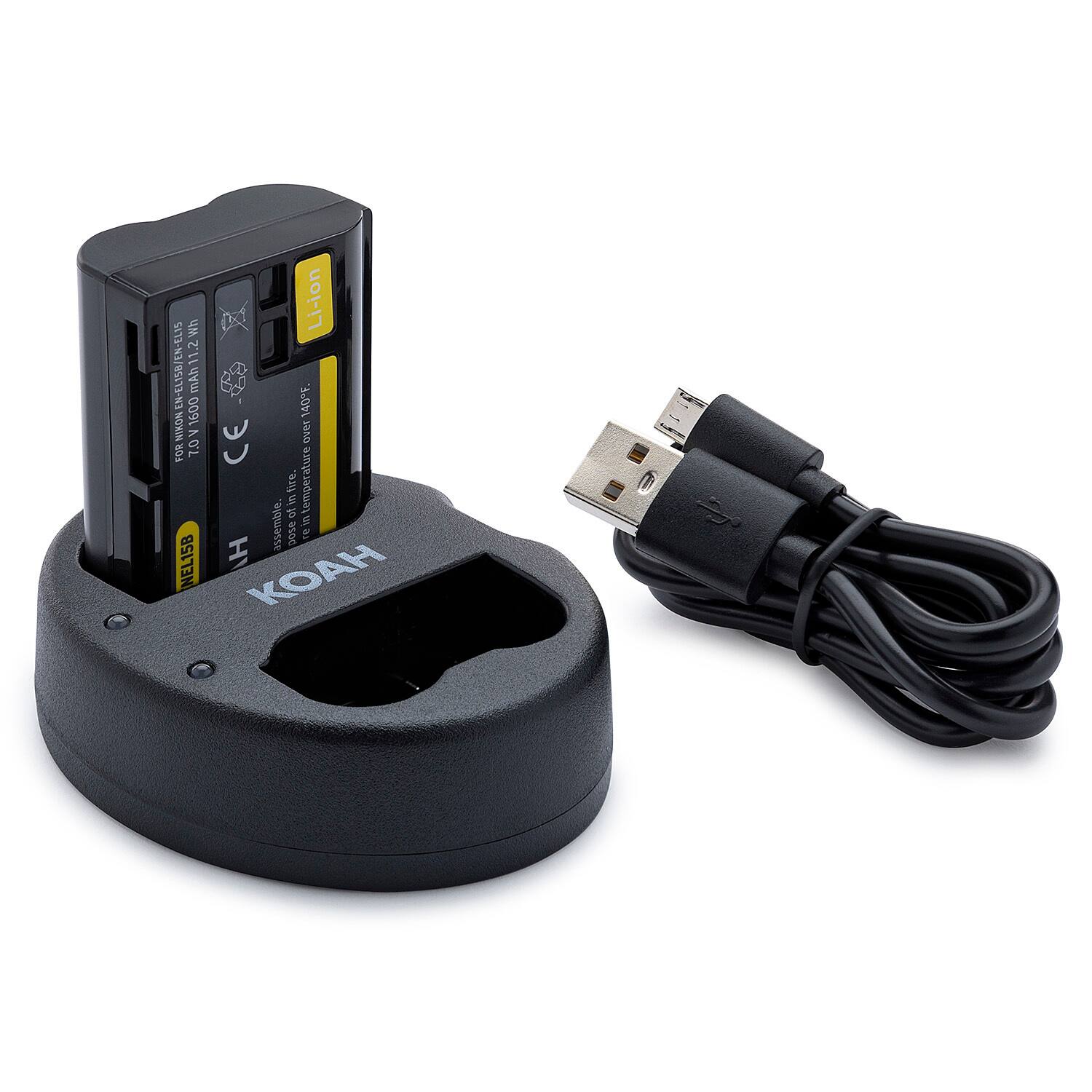 Sure, here is the corrected and grouped text from the image:

**Battery:**
- Li-ion
- 7.4V 1600mAh 12.1Wh
- FOR NIKON EN-EL15B
- CE
- NEL15B
- KOAH

**Charger:**
- KOAH

**Additional Information:**
- Assemble
- Temperature range: -20°C to 40°C
- Do not disassemble
- Do not expose to fire
- Do not short circuit